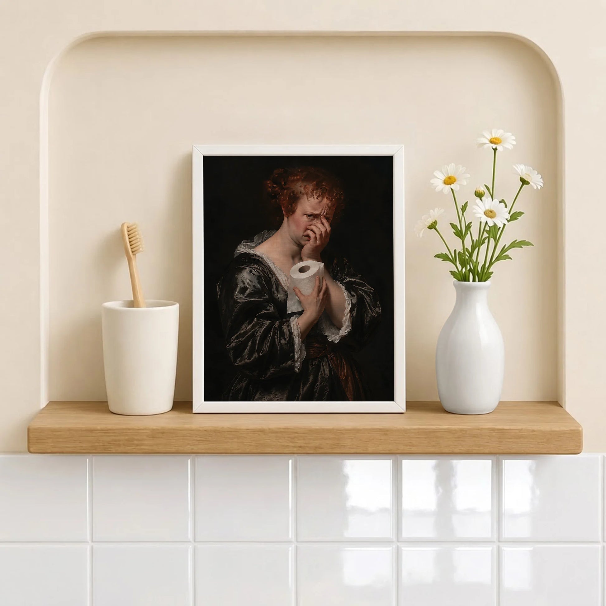 Funny Bathroom Woman Covering Nose - Funny Canvas Wall Art - Bathroom White Frame