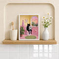 Cute Black Cat Sitting on Toilet Reading Newspaper - Funny Canvas Wall Art - Bathroom White Frame