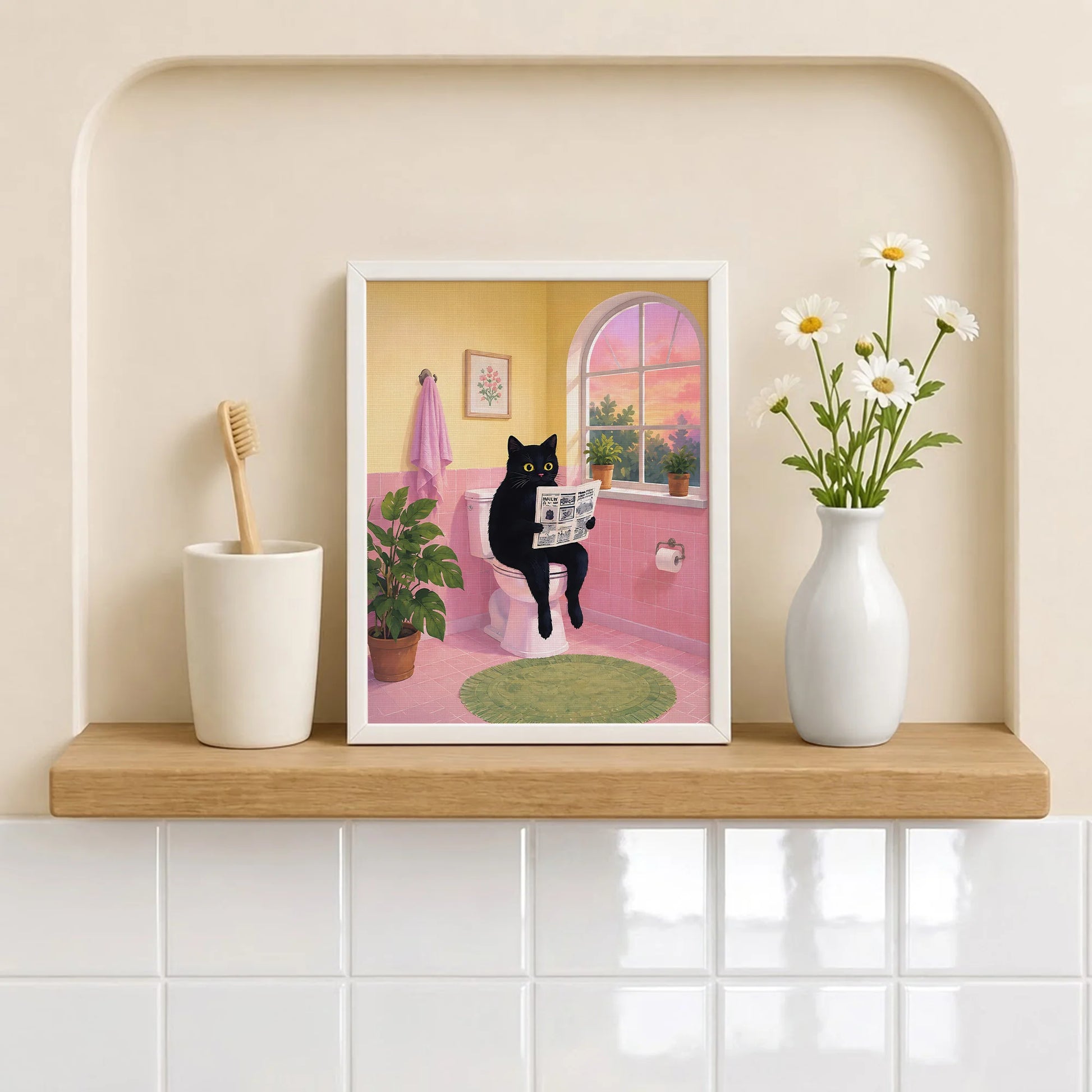 Cute Black Cat Sitting on Toilet Reading Newspaper - Funny Canvas Wall Art - Bathroom White Frame