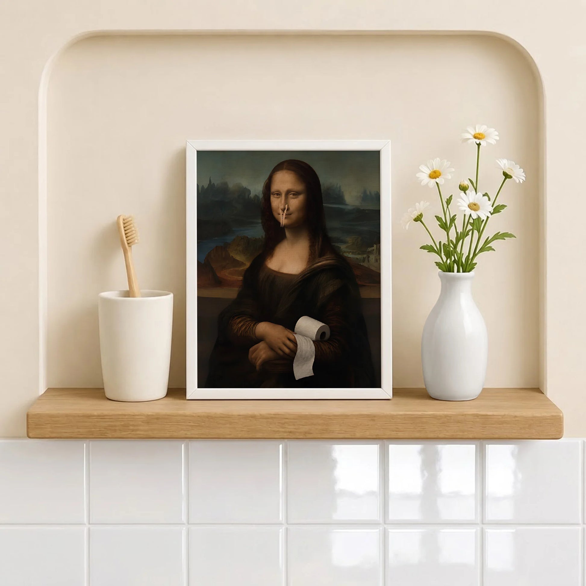 Funny Mona Lisa with Clothespin - Funny Canvas Wall Art - Bathroom White Frame