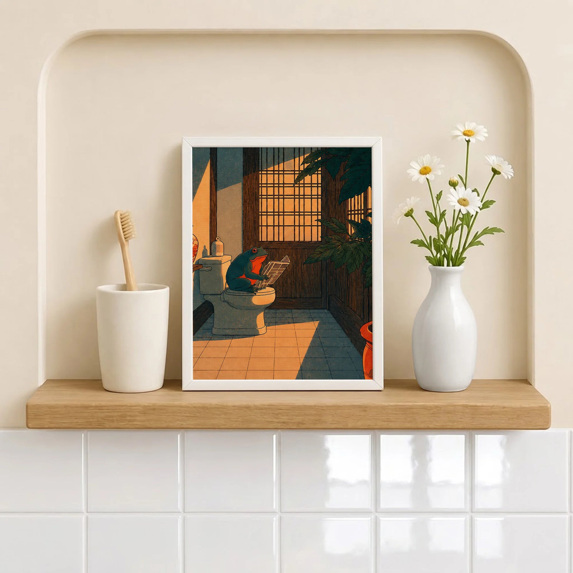 Funny Japanese Frog in Toilet - Funny Canvas Wall Art - Bathroom White Frame