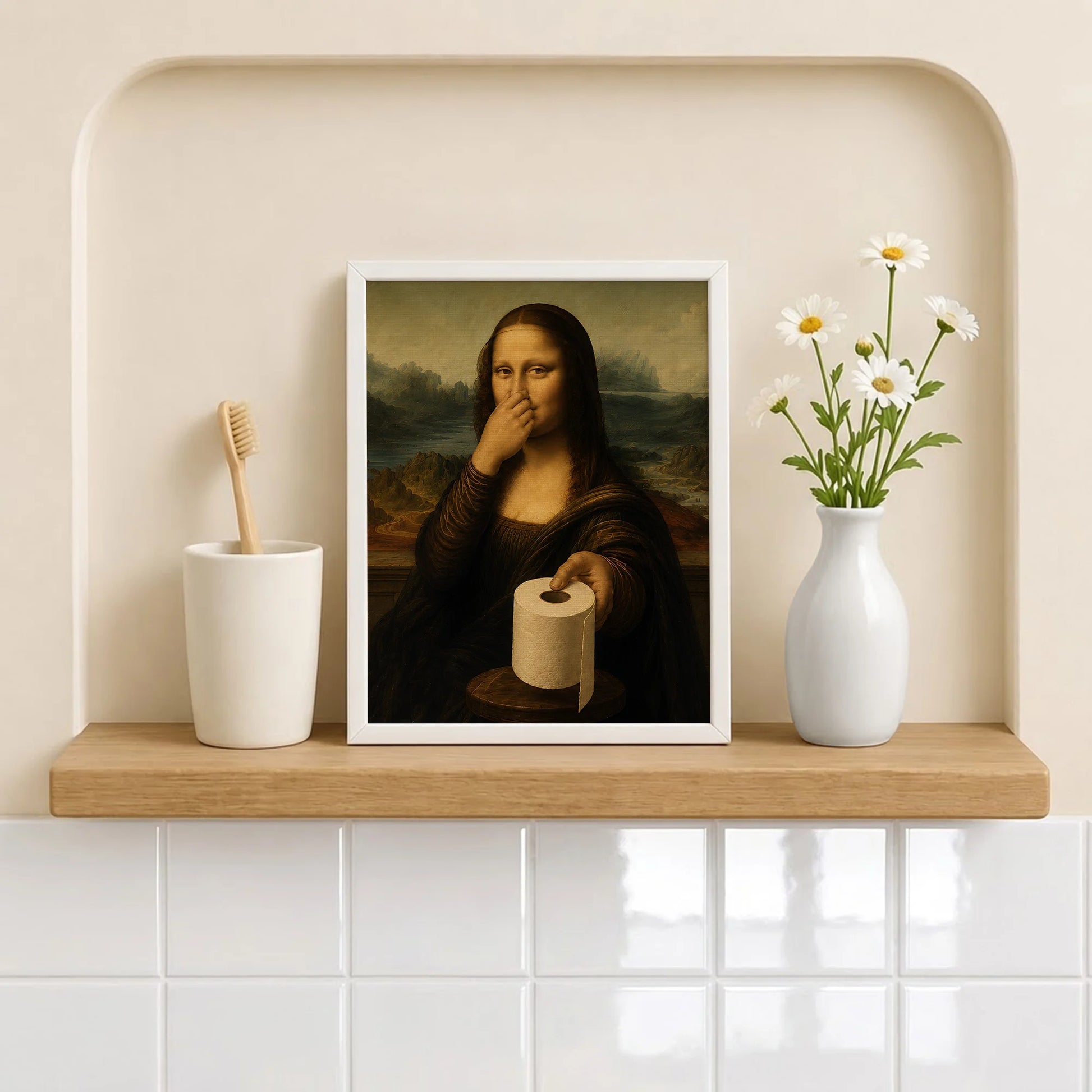Funny Mona Lisa Pinching Nose Bathroom Parody - Funny Canvas Wall Art - Bathroom White Frame