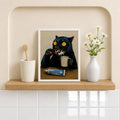 Quirky Black Cat Brushing Teeth Painting Humorous Bathroom Print Art  - Funny Canvas Wall Art - Bathroom White Frame