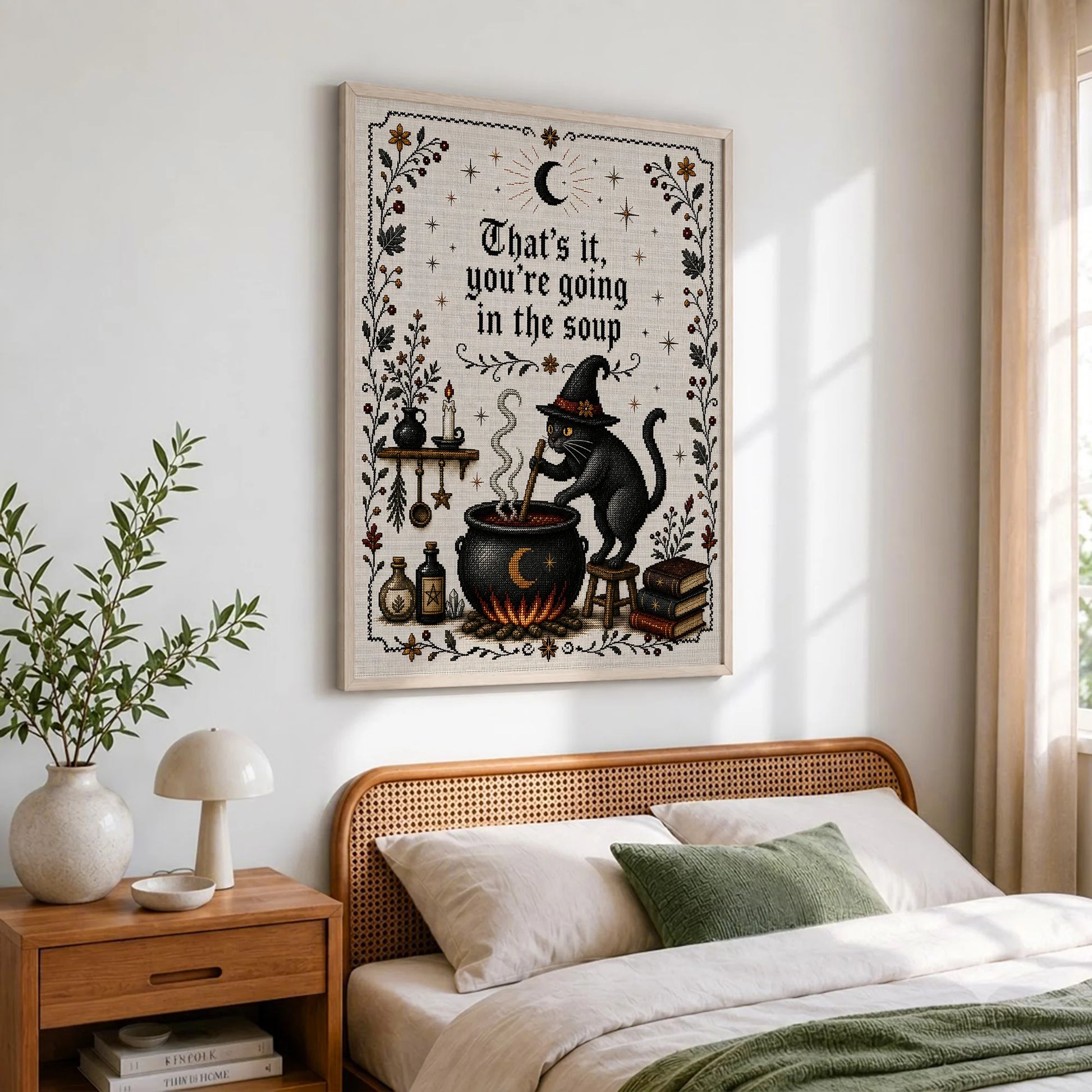That's It You're Going in the Soup Funny Black Cat Witch - Funny Canvas Wall Art - Natural Frame 2