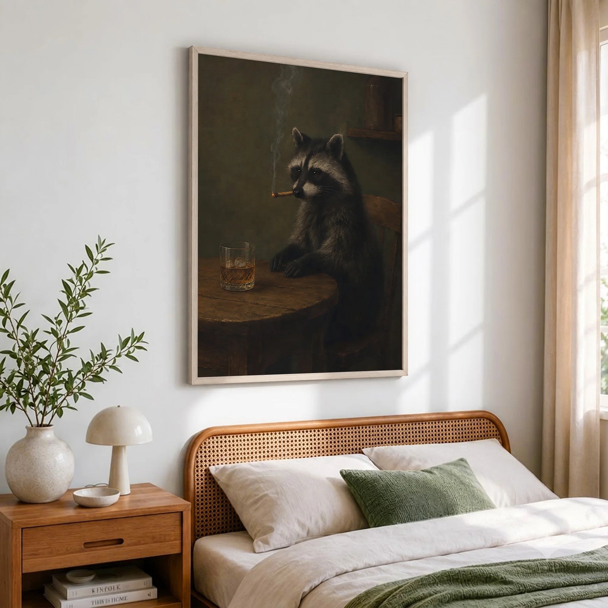 Funny Raccoon Cigar & Whiskey Vintage - Funny Canvas Wall Art - Natural Frame 2