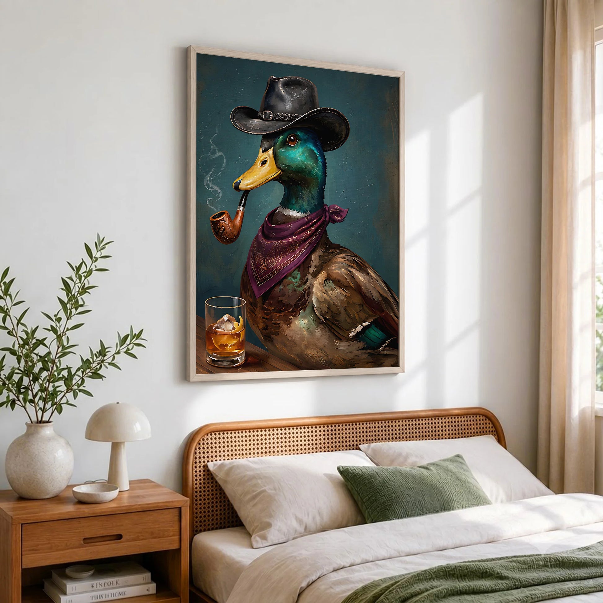 Cowboy Duck Smoking Whiskey Vintage Western - Funny Canvas Wall Art - Natural Frame 2