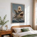 Funny White Cat Riding Shark - Funny Canvas Wall Art - Natural Frame 2