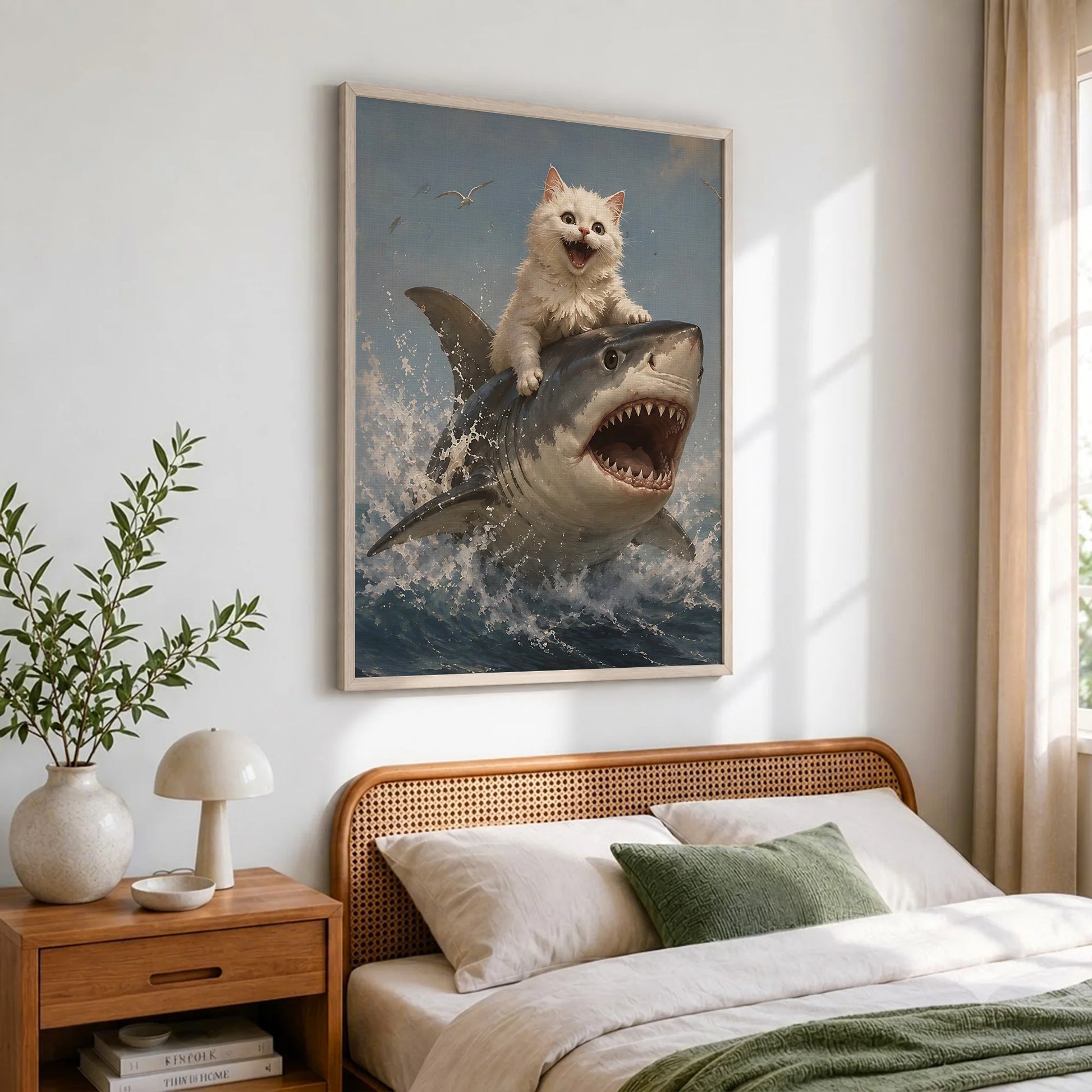 Funny White Cat Riding Shark - Funny Canvas Wall Art - Natural Frame 2