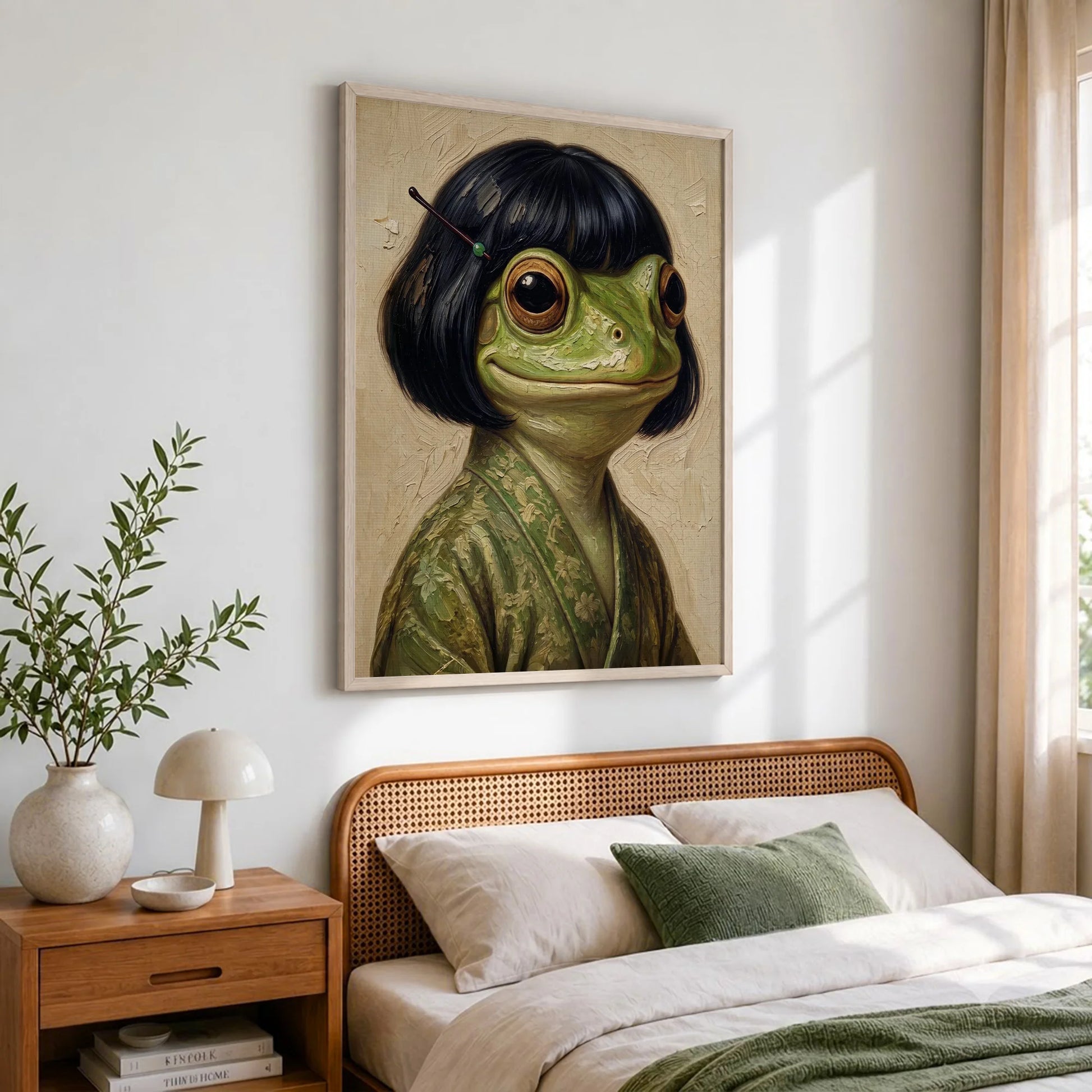 Whimsical Bob Hair Frog Portrait Vintage - Funny Canvas Wall Art - Natural Frame 2