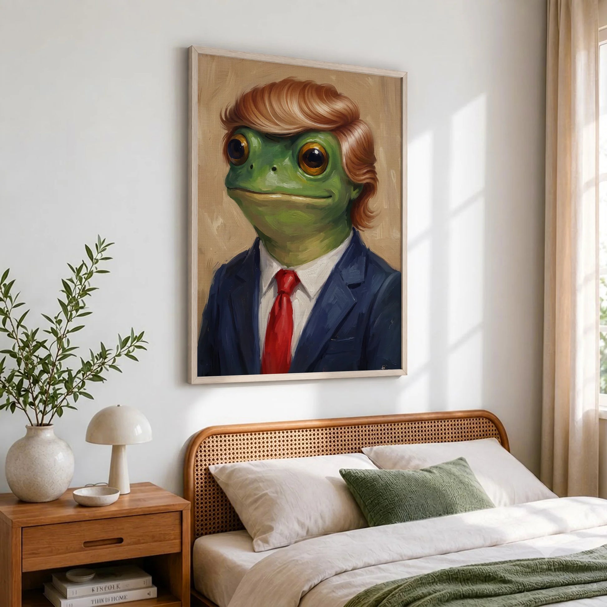 Funny Trump Frog Portrait Oil Painting Art Print Vintage - Funny Canvas Wall Art - Natural Frame 2