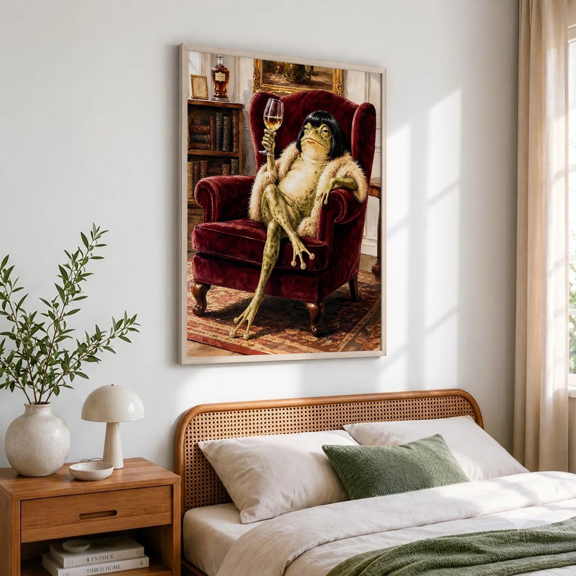 Vintage Whimsical Bob Hair Frog Drinking Champagne  - Funny Canvas Wall Art - Natural Frame 2