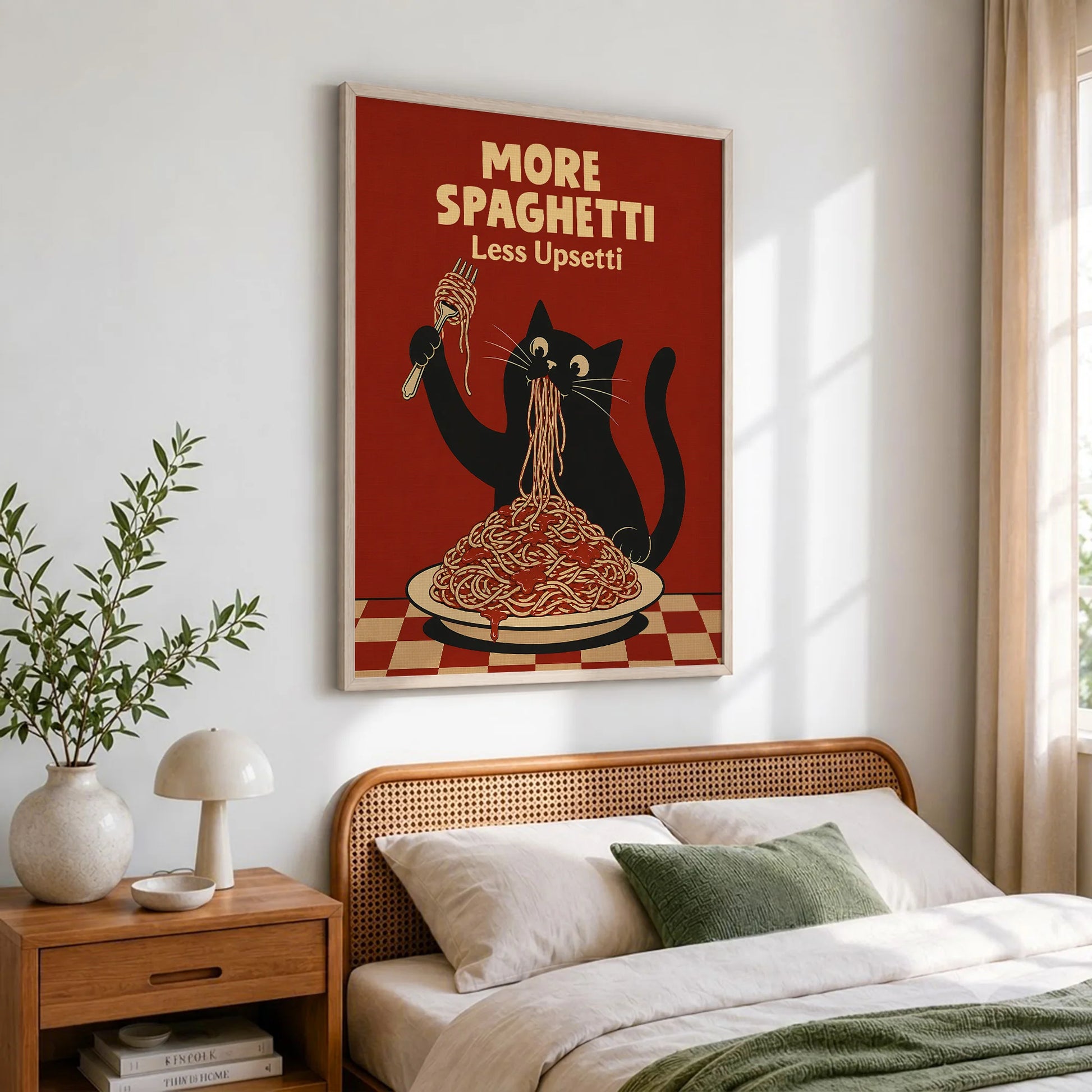 More Spaghetti Less Upsetti Funny Hungry Cat Spaghetti Art Print - Funny Canvas Wall Art - Natural Frame 2