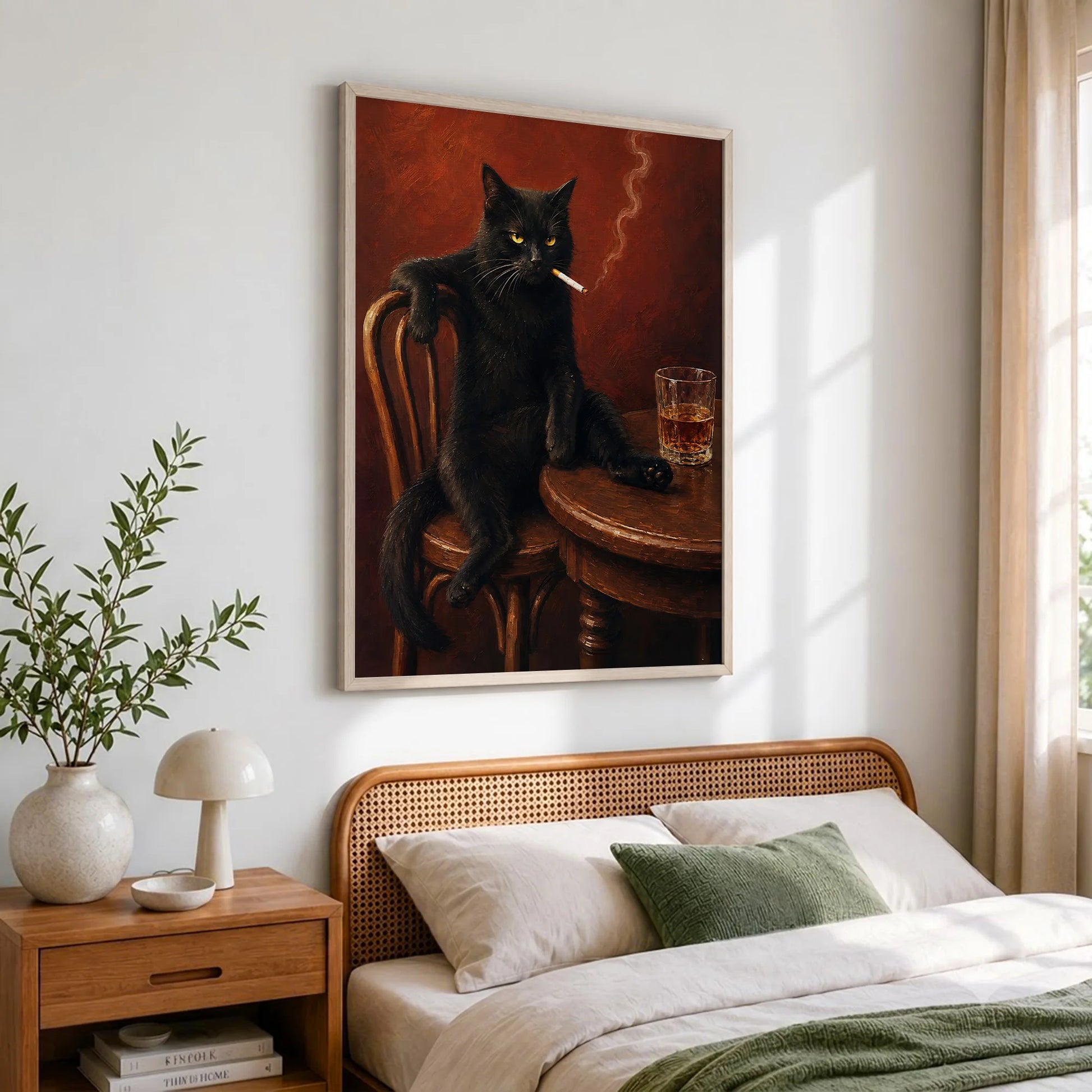 Vintage Black Cat Smoking - Funny Canvas Wall Art - Natural Frame 2
