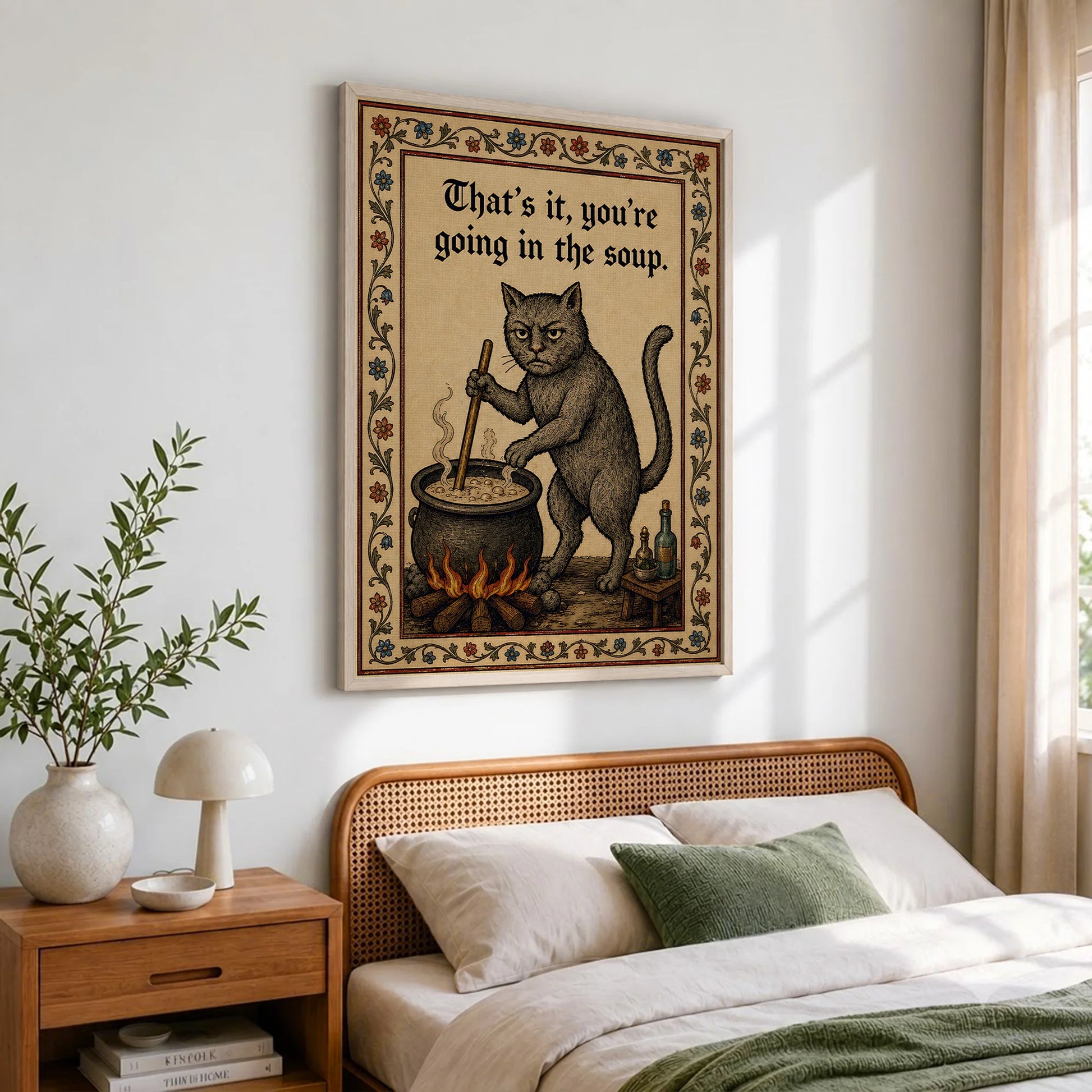 Funny Medieval Cat Going In The Soup Vintage - Funny Canvas Wall Art - Natural Frame 2