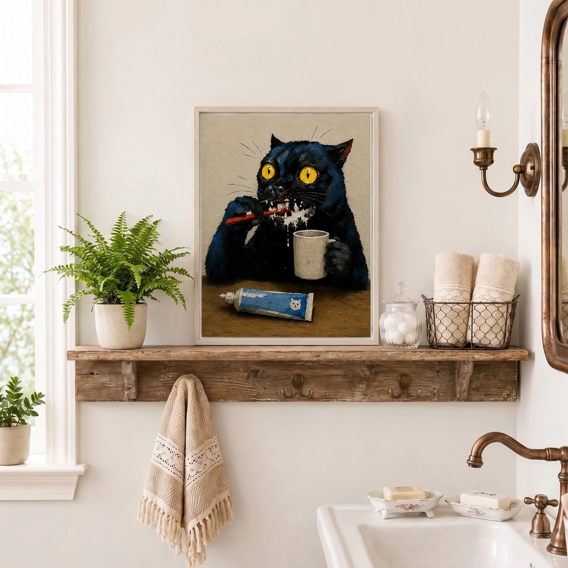 Quirky Black Cat Brushing Teeth Painting Humorous Bathroom Print Art  - Funny Canvas Wall Art - Bathroom Nature Frame 4
