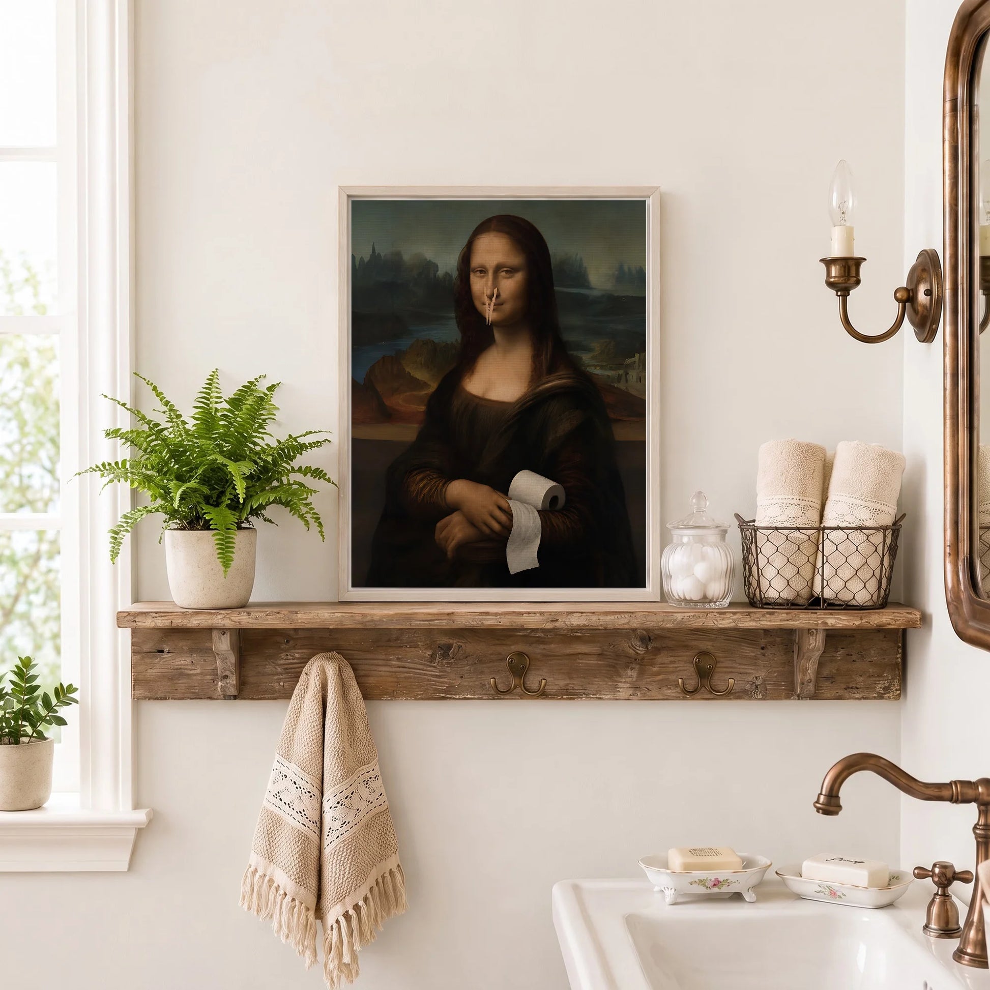 Funny Mona Lisa with Clothespin - Funny Canvas Wall Art - Bathroom Nature Frame 4