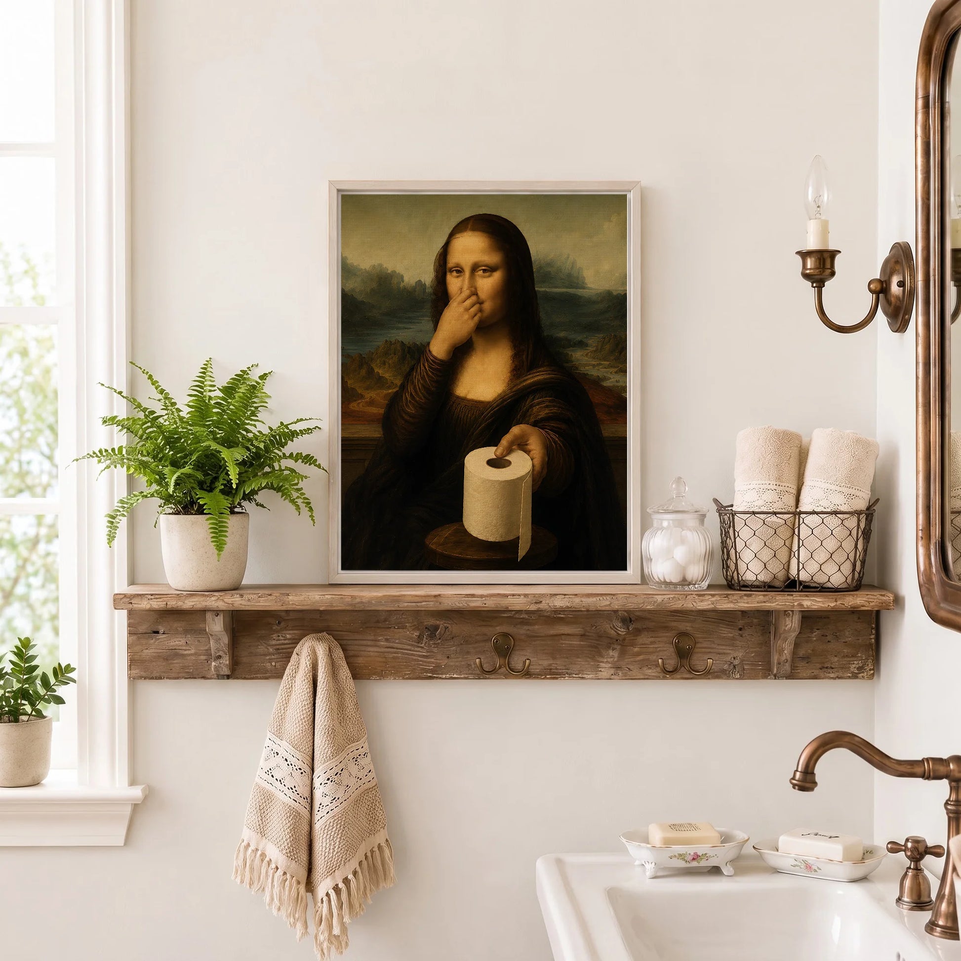 Funny Mona Lisa Pinching Nose Bathroom Parody - Funny Canvas Wall Art - Bathroom Nature Frame 4