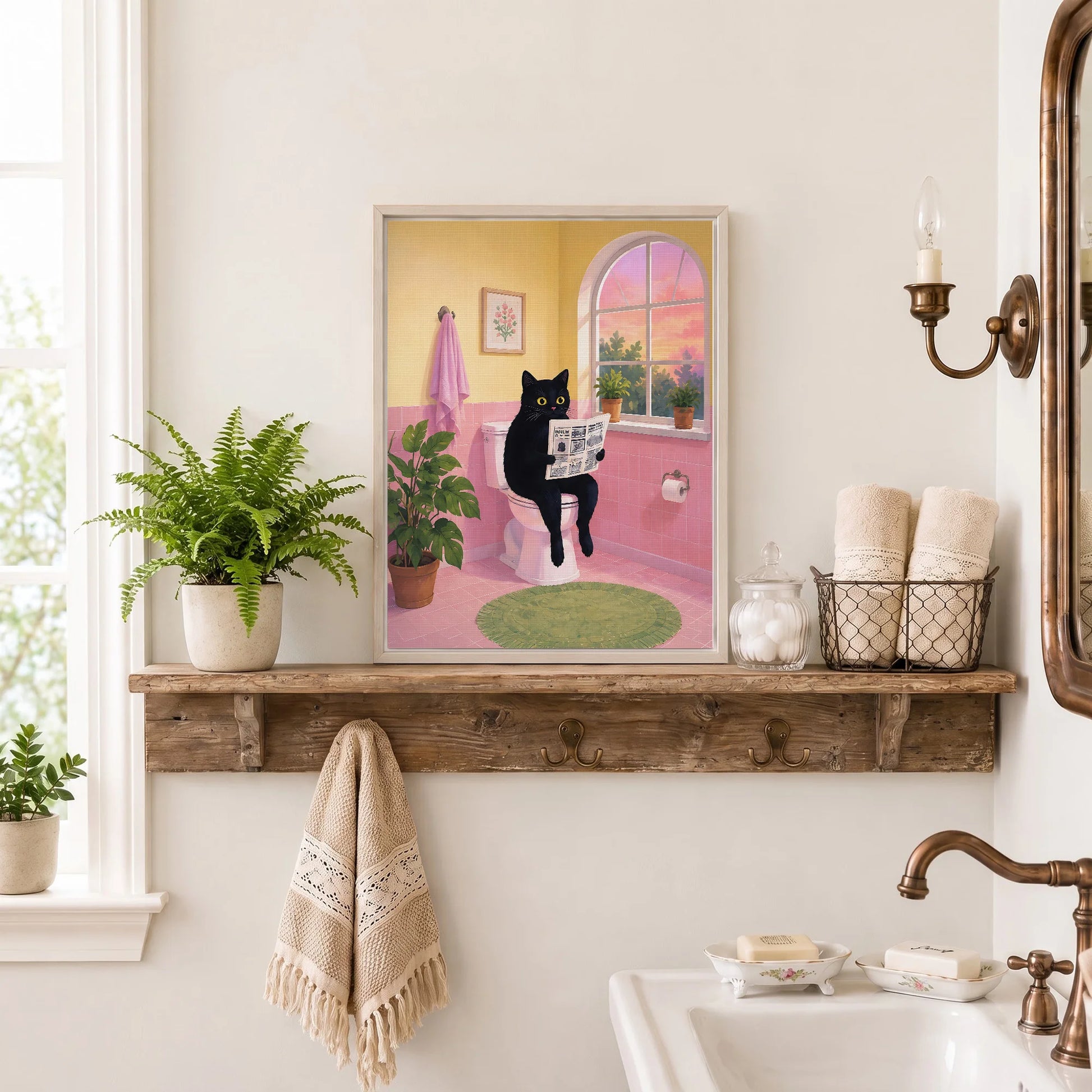 Cute Black Cat Sitting on Toilet Reading Newspaper - Funny Canvas Wall Art - Bathroom Nature Frame 4