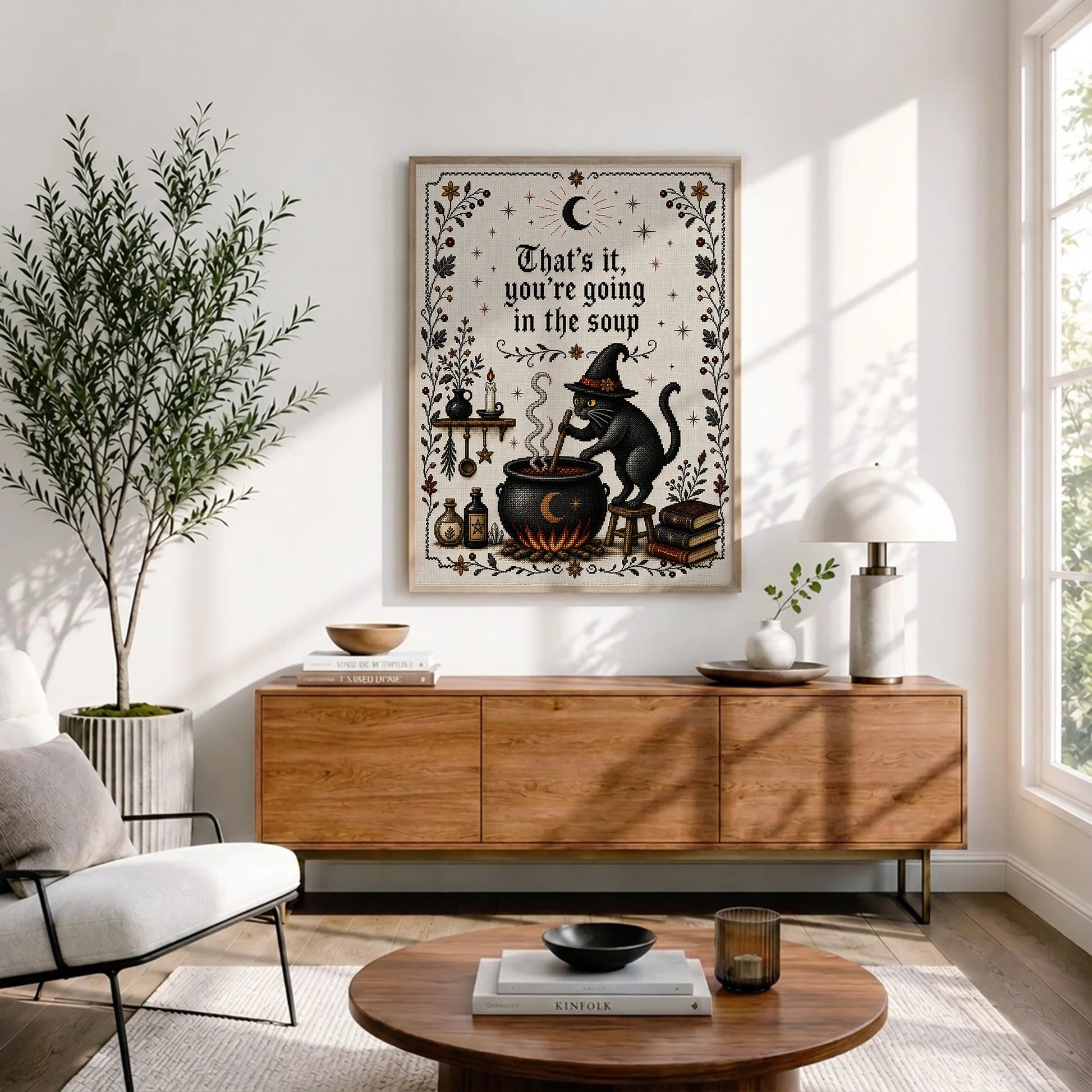 That's It You're Going in the Soup Funny Black Cat Witch - Funny Canvas Wall Art - Natural Frame 3