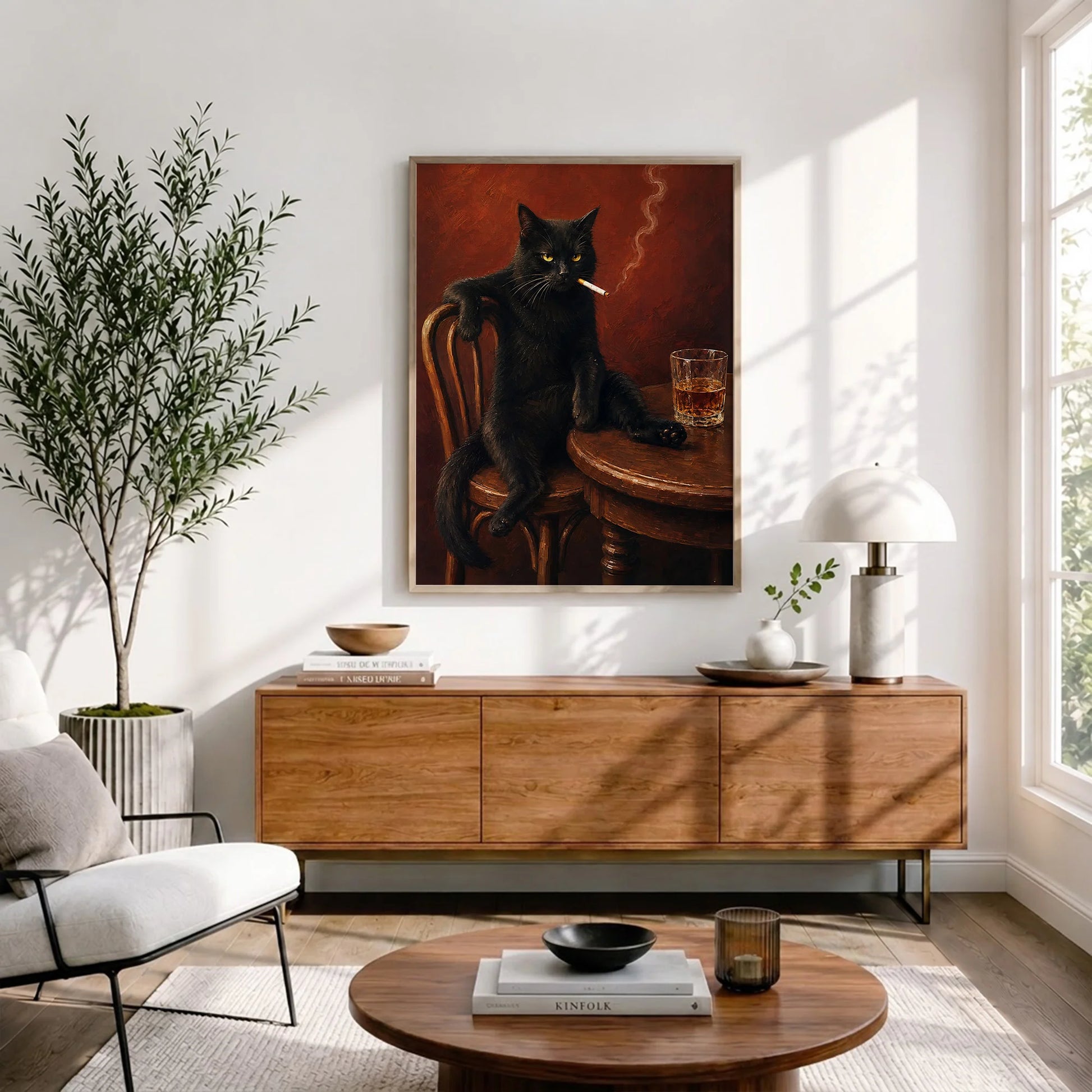 Vintage Black Cat Smoking - Funny Canvas Wall Art - Natural Frame 3