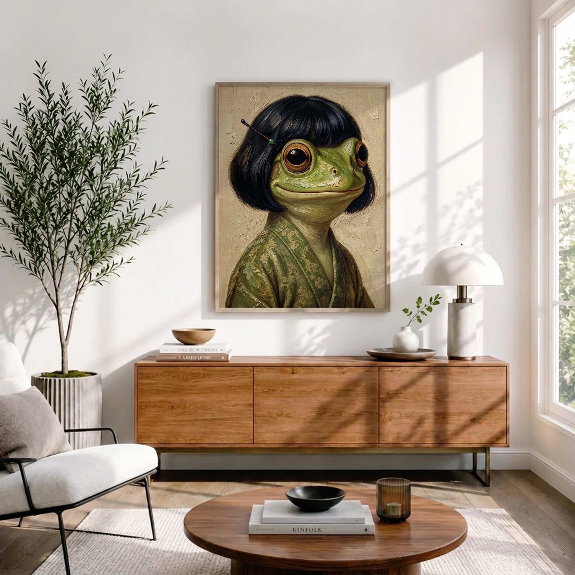Whimsical Bob Hair Frog Portrait Vintage - Funny Canvas Wall Art - Natural Frame 3