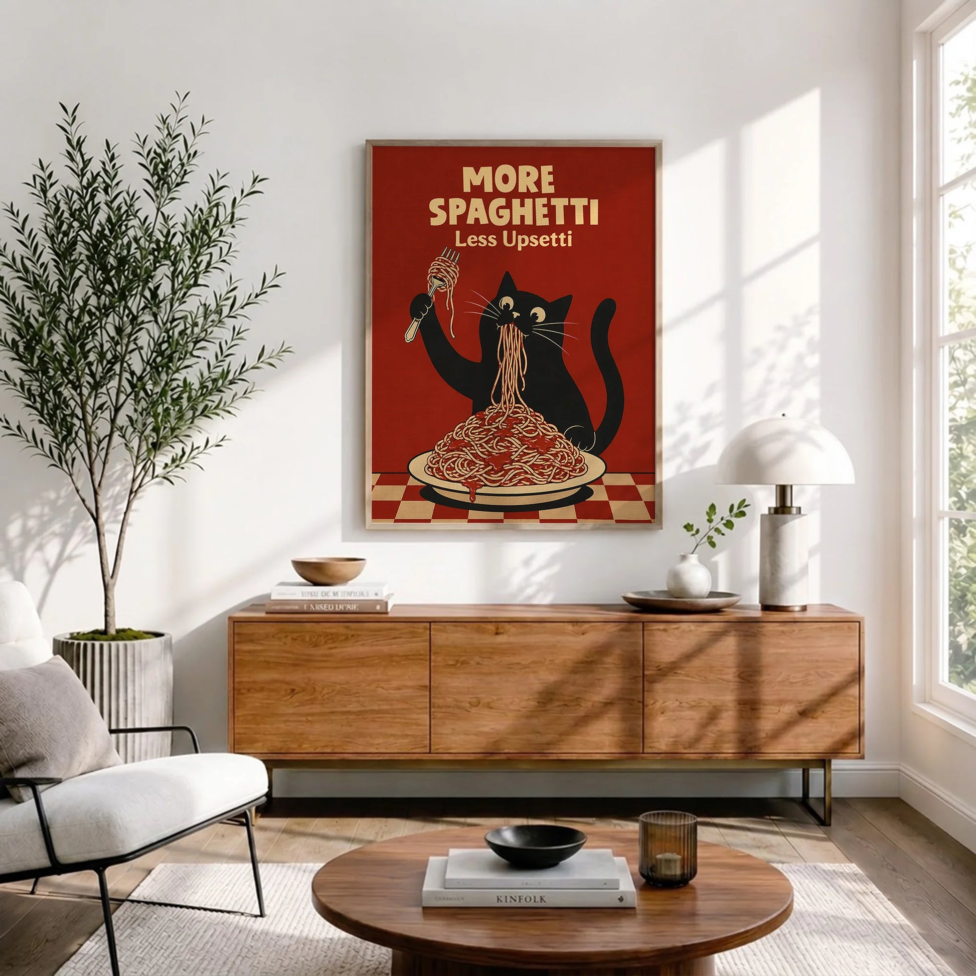 More Spaghetti Less Upsetti Funny Hungry Cat Spaghetti Art Print - Funny Canvas Wall Art - Natural Frame 3