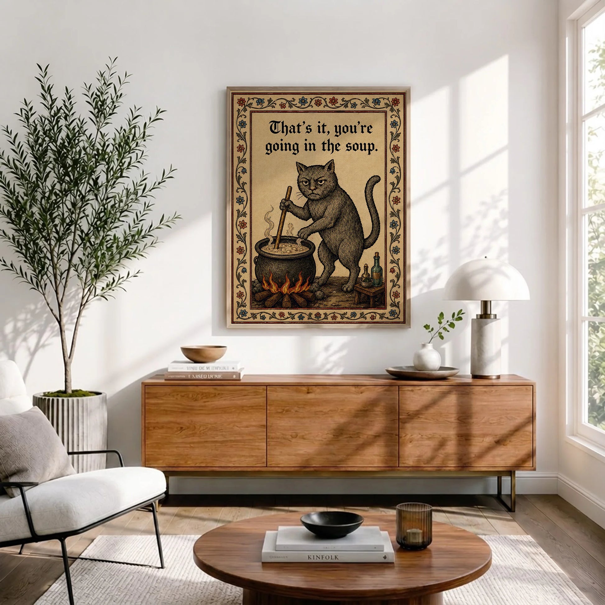 Funny Medieval Cat Going In The Soup Vintage - Funny Canvas Wall Art - Natural Frame 3