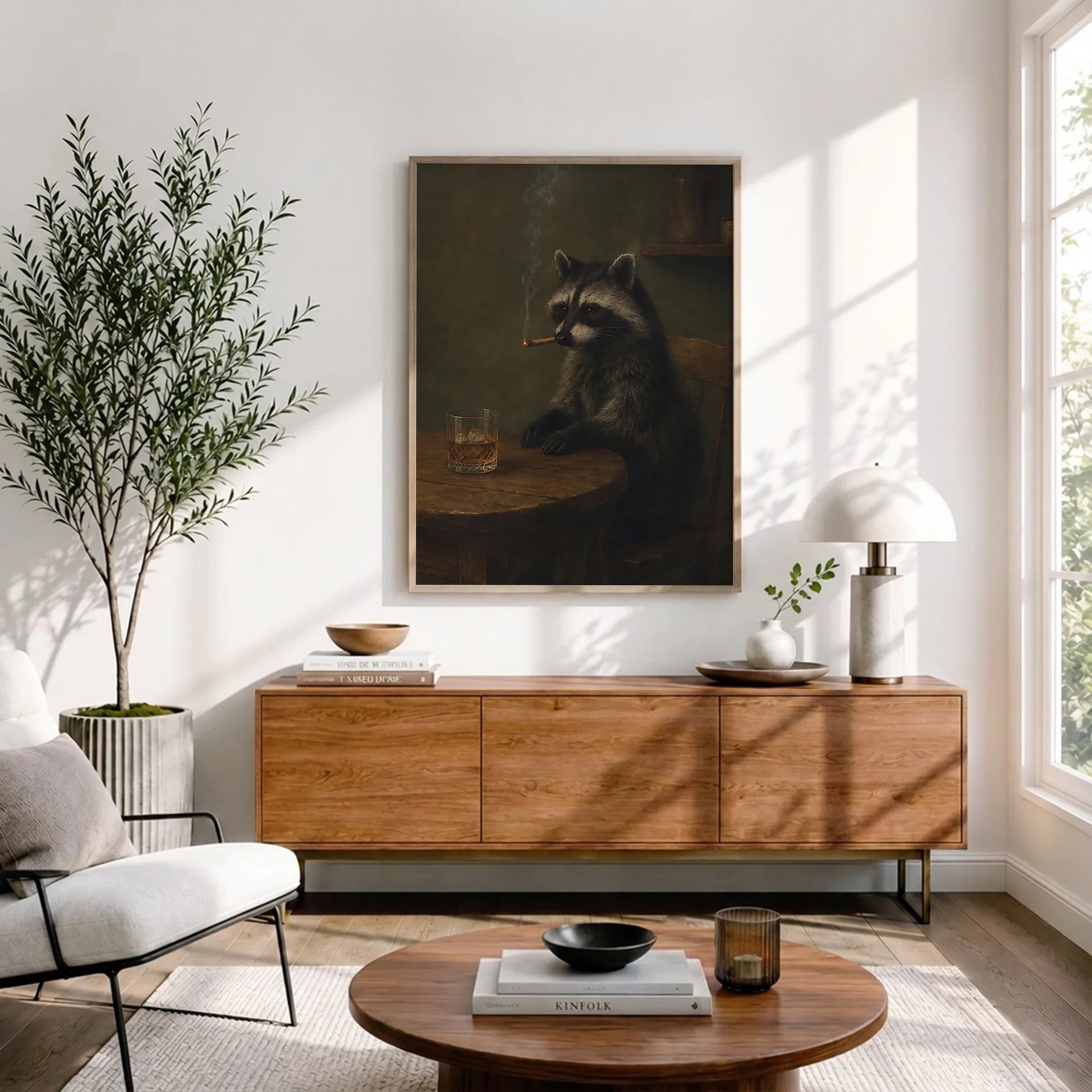 Funny Raccoon Cigar & Whiskey Vintage - Funny Canvas Wall Art - Natural Frame 3