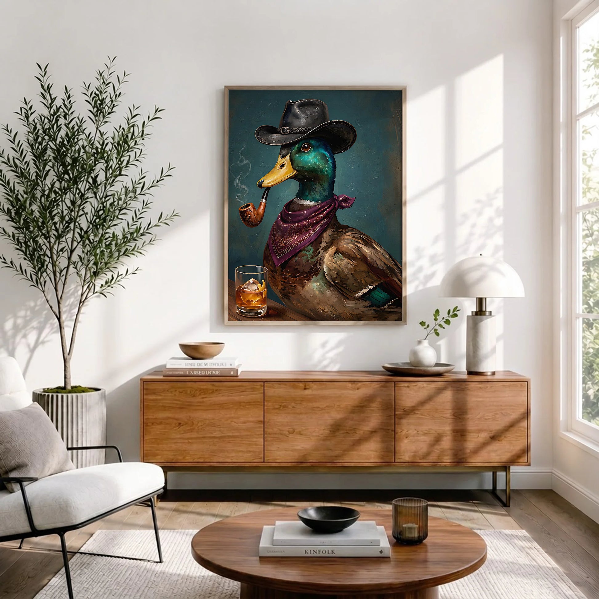 Cowboy Duck Smoking Whiskey Vintage Western - Funny Canvas Wall Art - Natural Frame 3