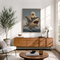 Funny White Cat Riding Shark - Funny Canvas Wall Art - Natural Frame 3