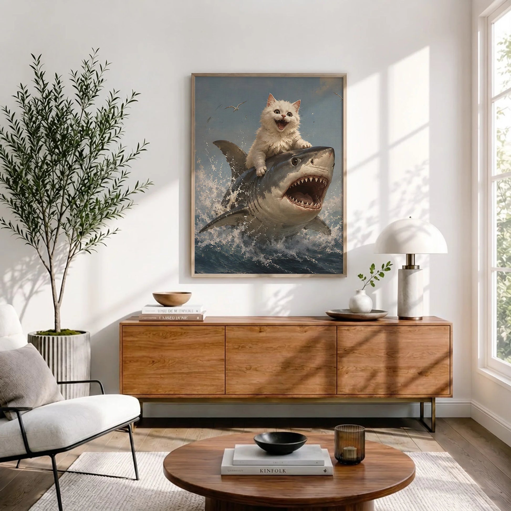 Funny White Cat Riding Shark - Funny Canvas Wall Art - Natural Frame 3