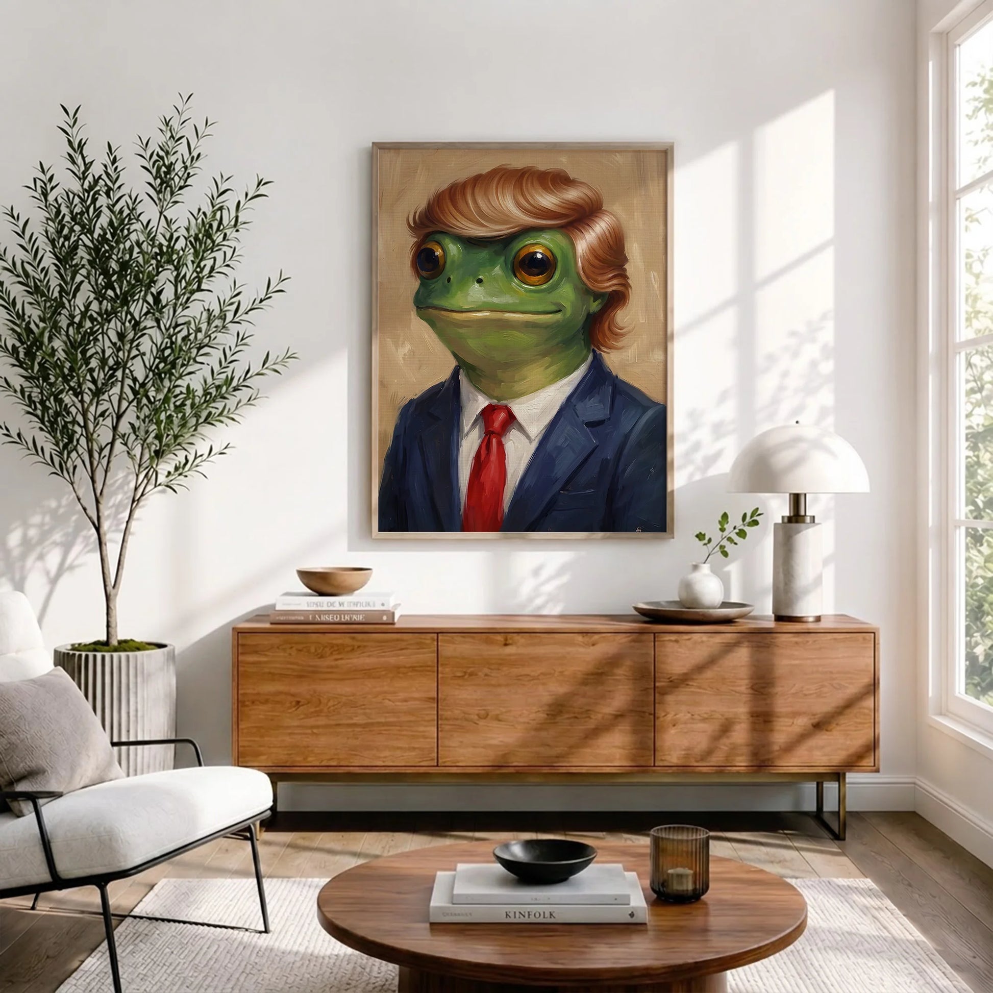 Funny Trump Frog Portrait Oil Painting Art Print Vintage - Funny Canvas Wall Art - Natural Frame 3