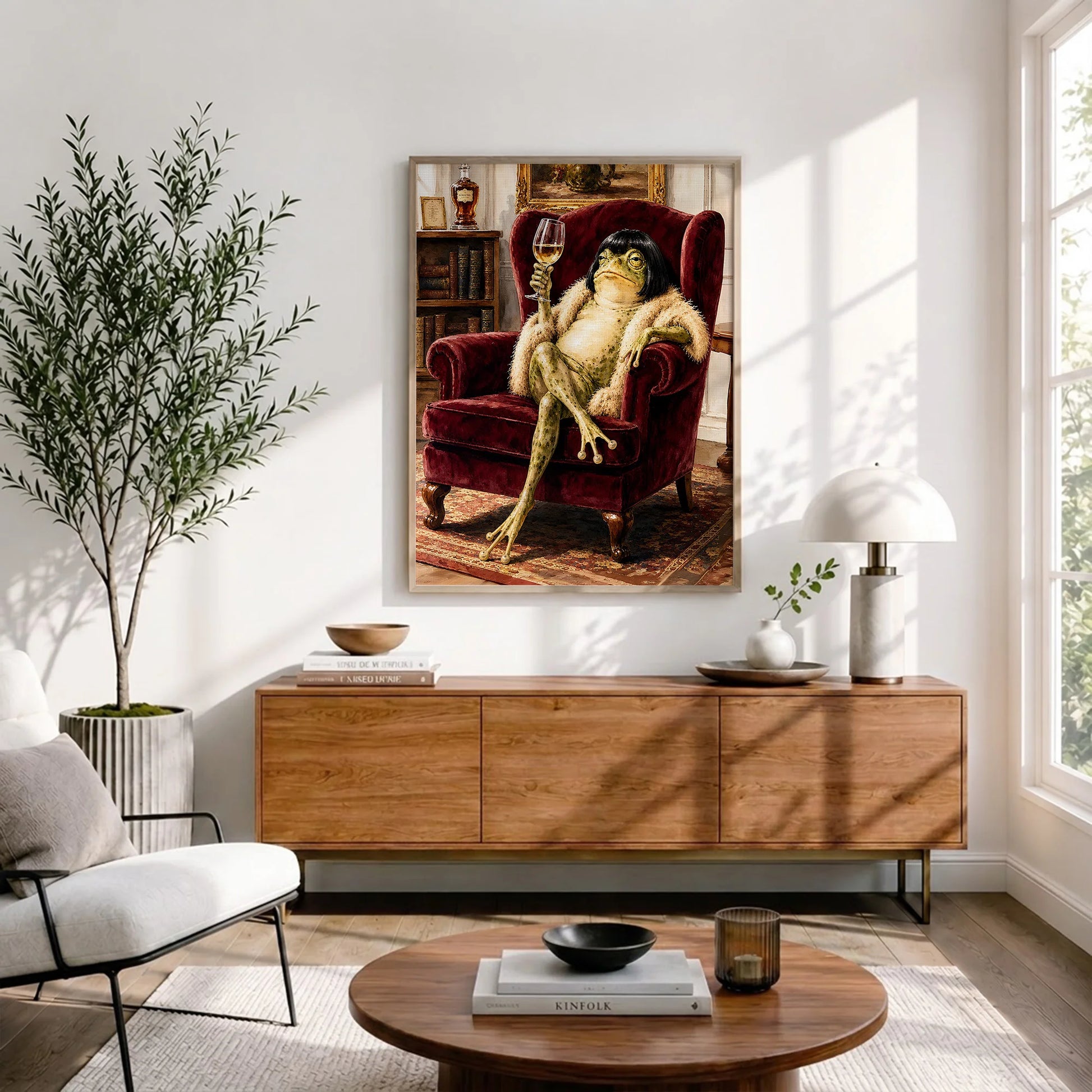 Vintage Whimsical Bob Hair Frog Drinking Champagne  - Funny Canvas Wall Art - Natural Frame 3