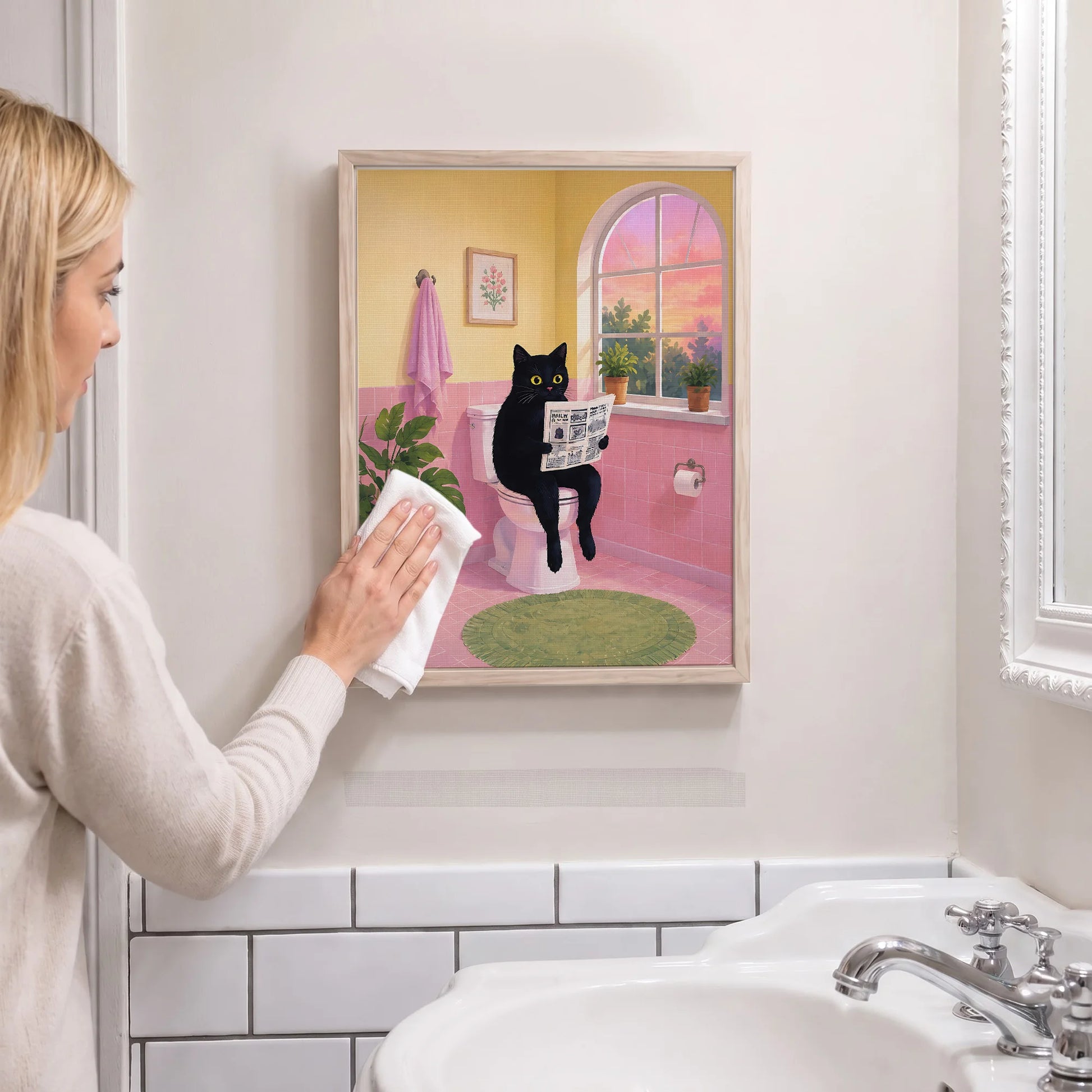 Cute Black Cat Sitting on Toilet Reading Newspaper - Funny Canvas Wall Art - Bathroom Nature Frame 5