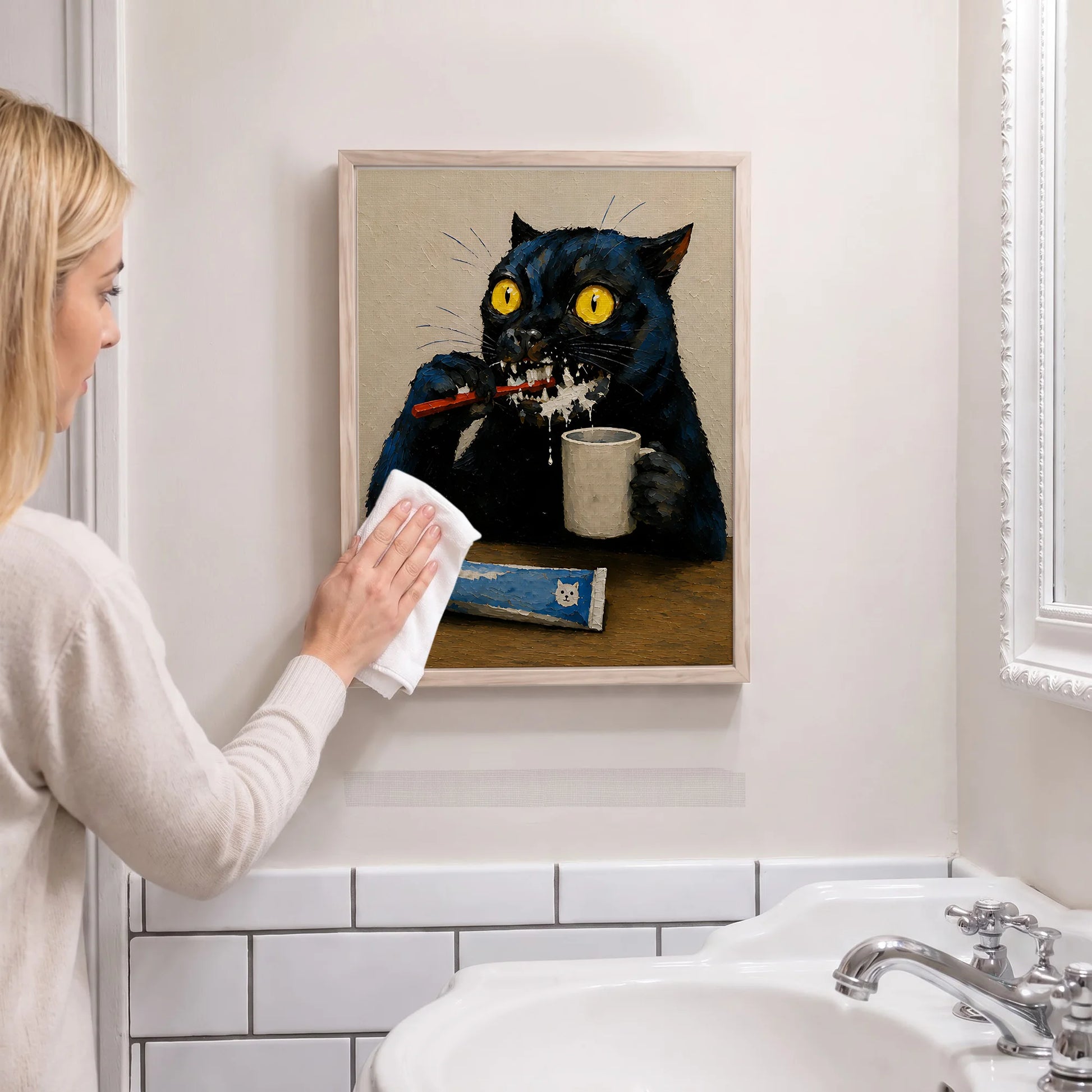 Quirky Black Cat Brushing Teeth Painting Humorous Bathroom Print Art  - Funny Canvas Wall Art - Bathroom Nature Frame 5
