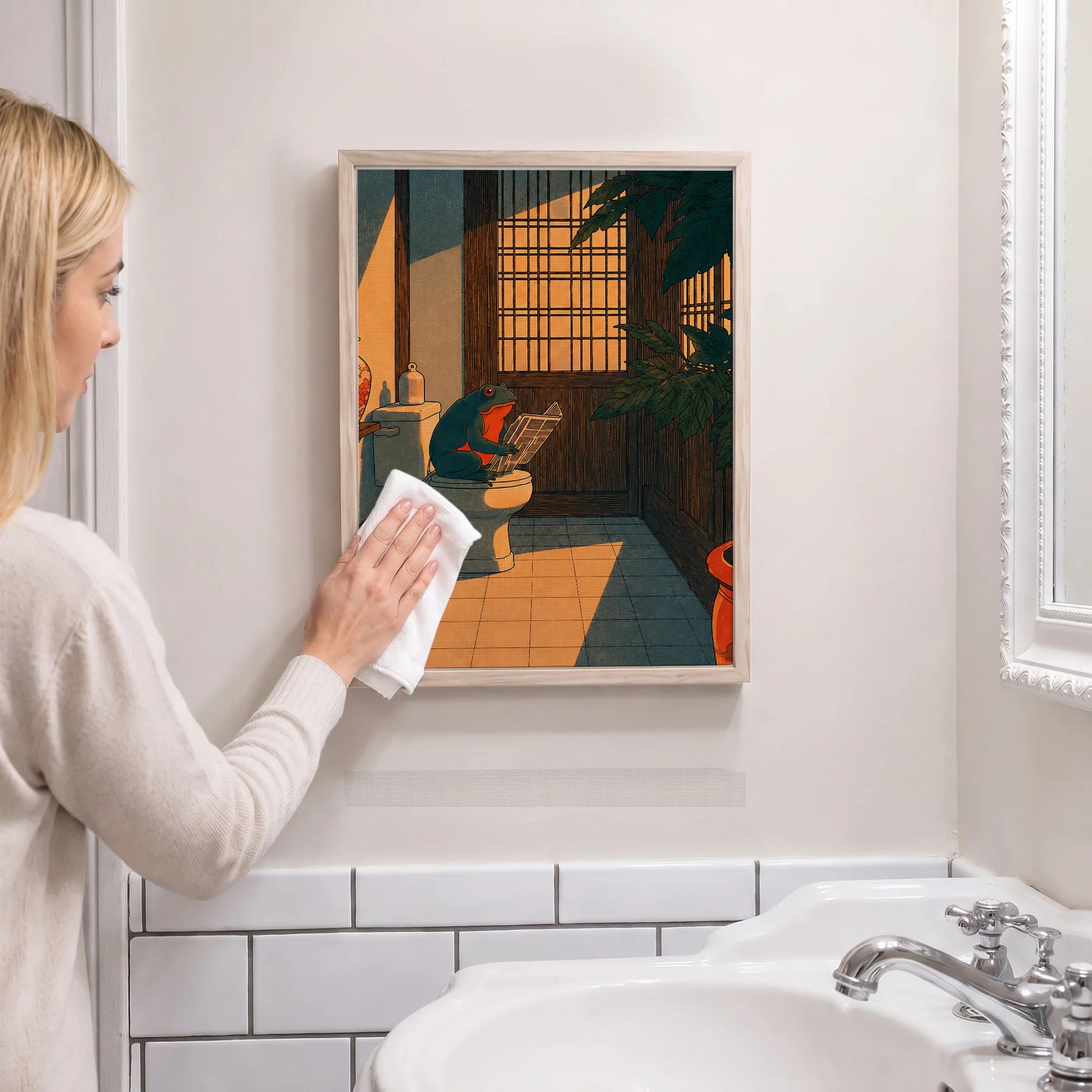 Funny Japanese Frog in Toilet - Funny Canvas Wall Art - Bathroom Nature Frame 5