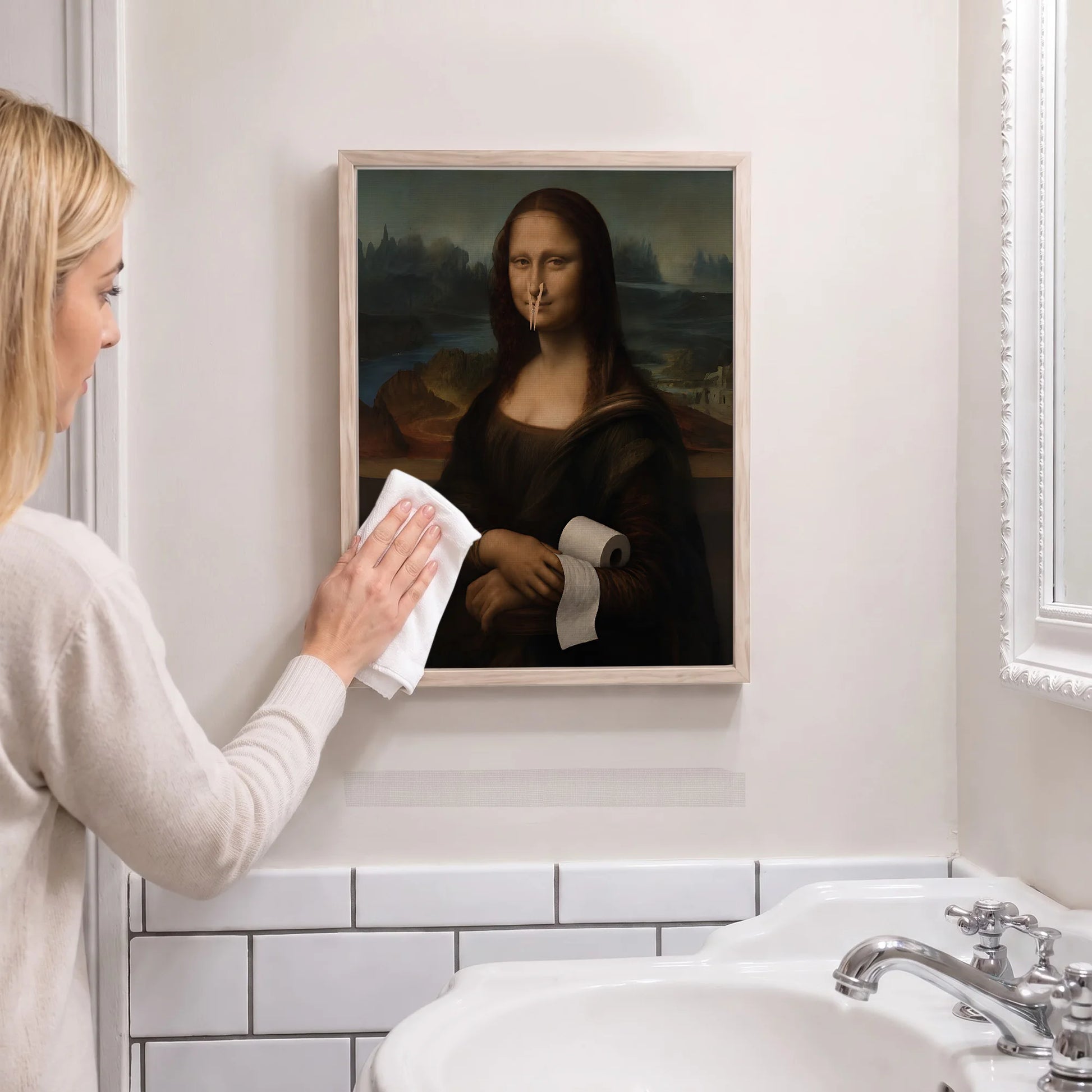 Funny Mona Lisa with Clothespin - Funny Canvas Wall Art - Bathroom Nature Frame 5