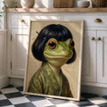 Whimsical Bob Hair Frog Portrait Vintage - Funny Canvas Wall Art - Natural Frame 4