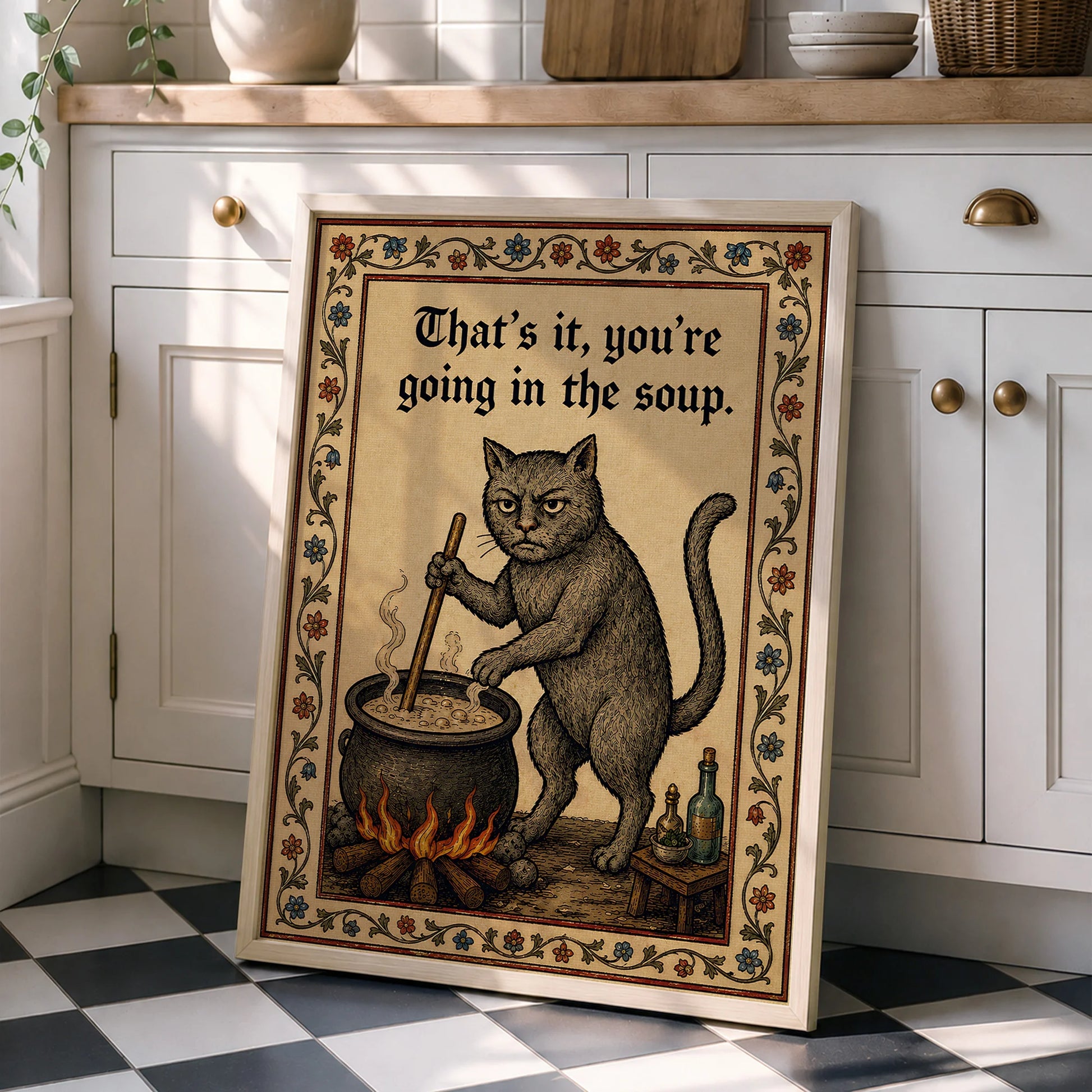 Funny Medieval Cat Going In The Soup Vintage - Funny Canvas Wall Art - Natural Frame 4