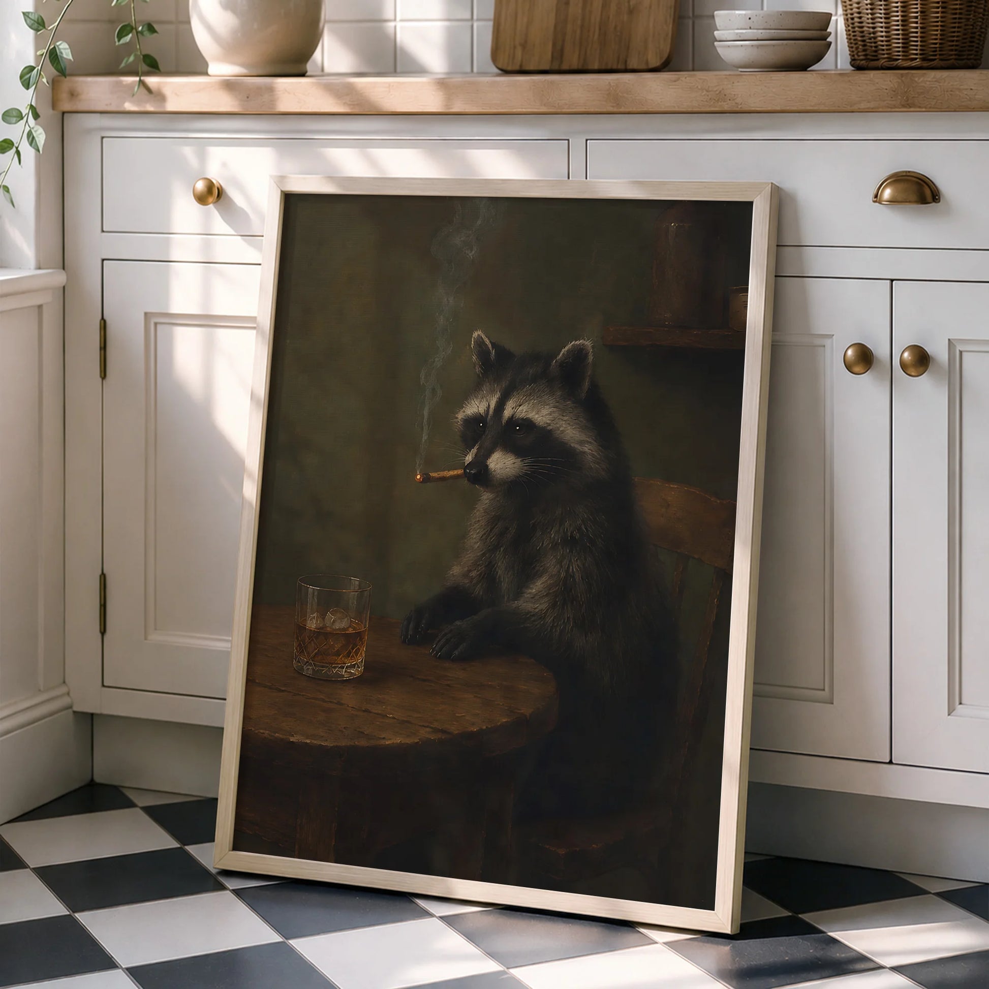 Funny Raccoon Cigar & Whiskey Vintage - Funny Canvas Wall Art - Natural Frame 4