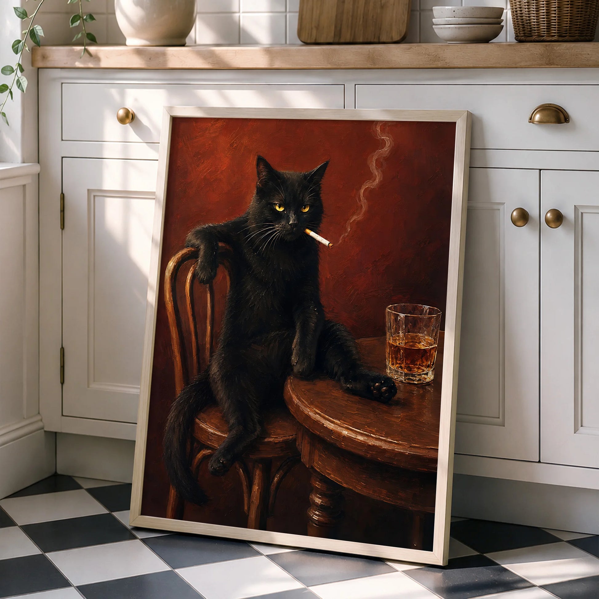 Vintage Black Cat Smoking - Funny Canvas Wall Art - Natural Frame 4