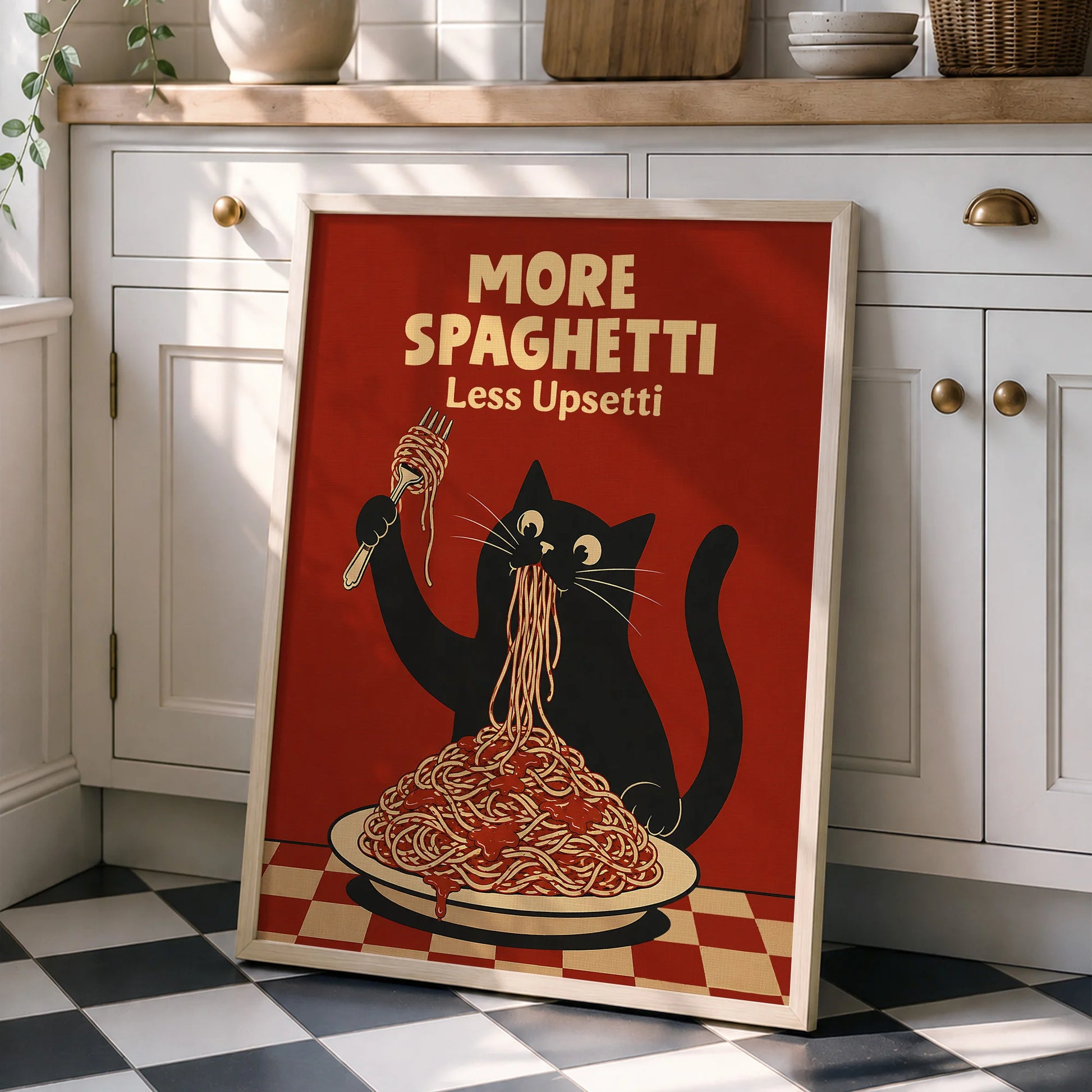 More Spaghetti Less Upsetti Funny Hungry Cat Spaghetti Art Print - Funny Canvas Wall Art - Natural Frame 4