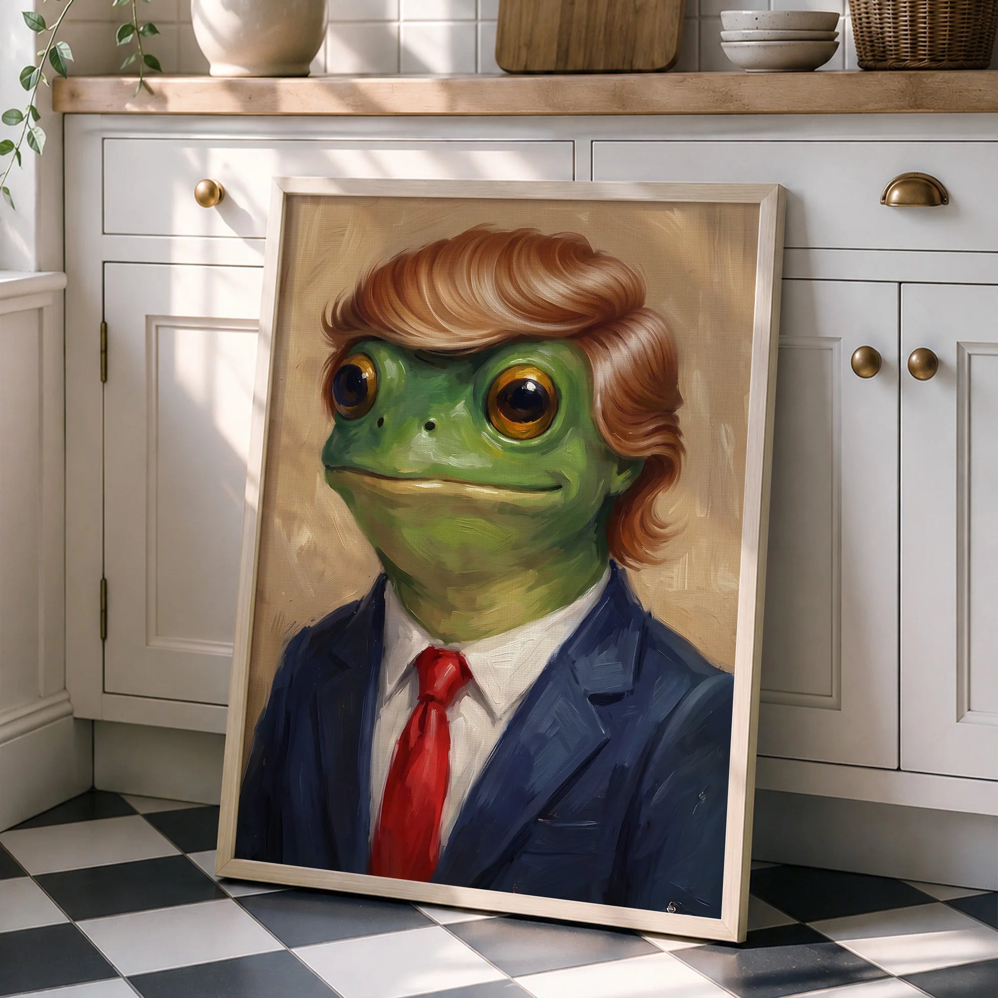 Funny Trump Frog Portrait Oil Painting Art Print Vintage - Funny Canvas Wall Art - Natural Frame 4