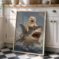 Funny White Cat Riding Shark - Funny Canvas Wall Art - Natural Frame 4
