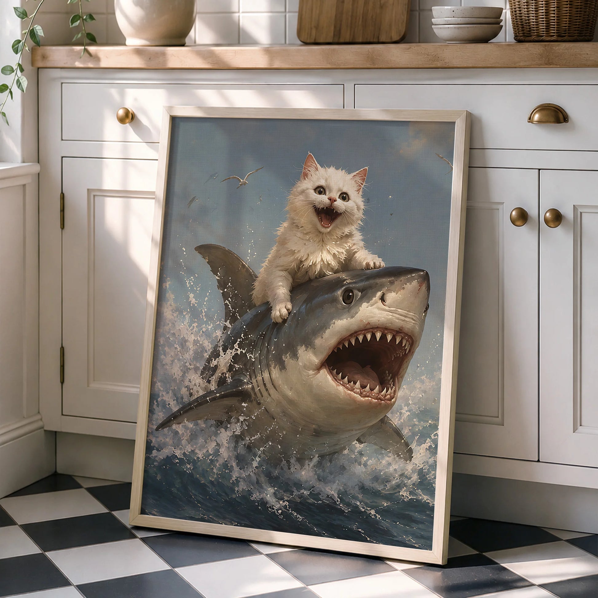 Funny White Cat Riding Shark - Funny Canvas Wall Art - Natural Frame 4
