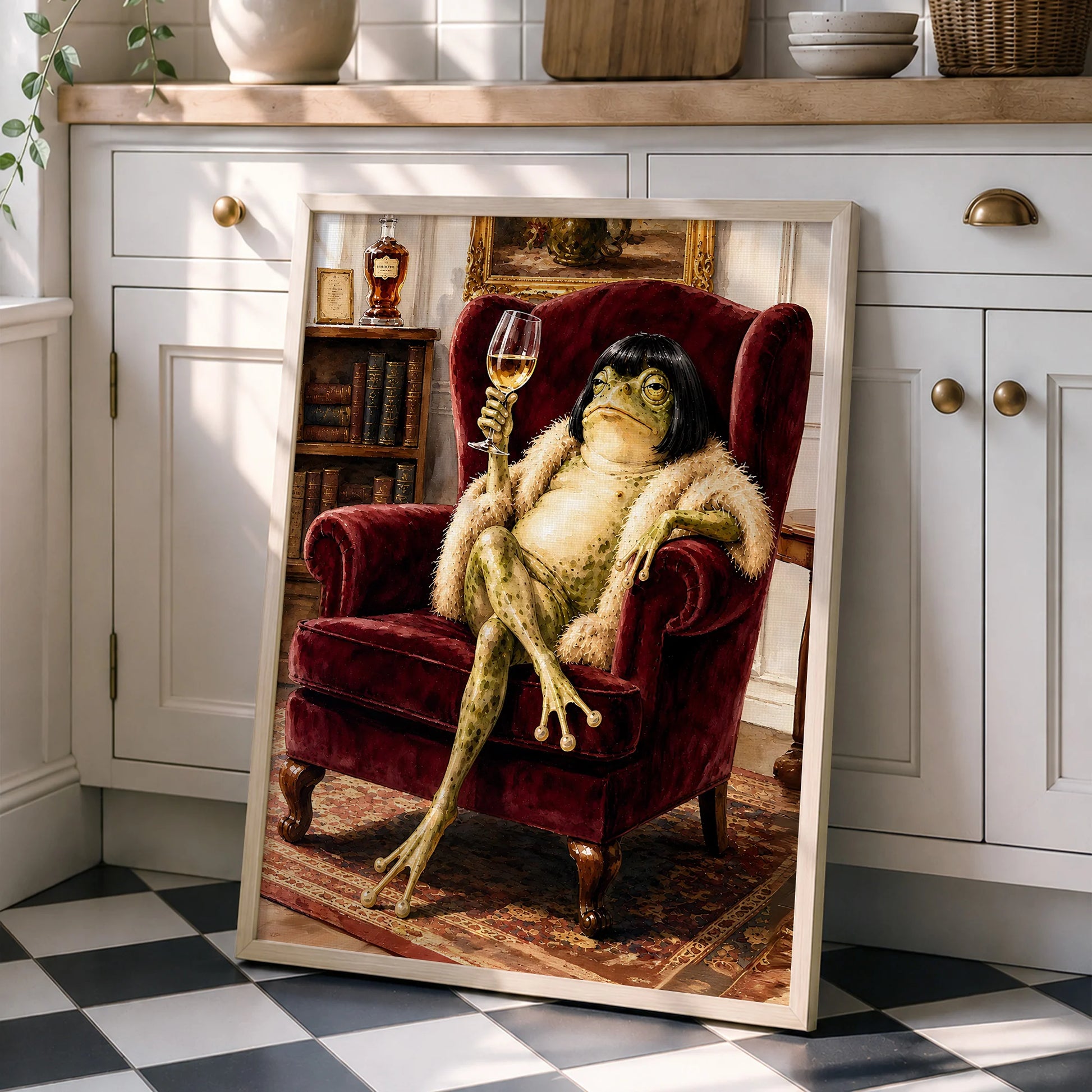 Vintage Whimsical Bob Hair Frog Drinking Champagne  - Funny Canvas Wall Art - Natural Frame 4