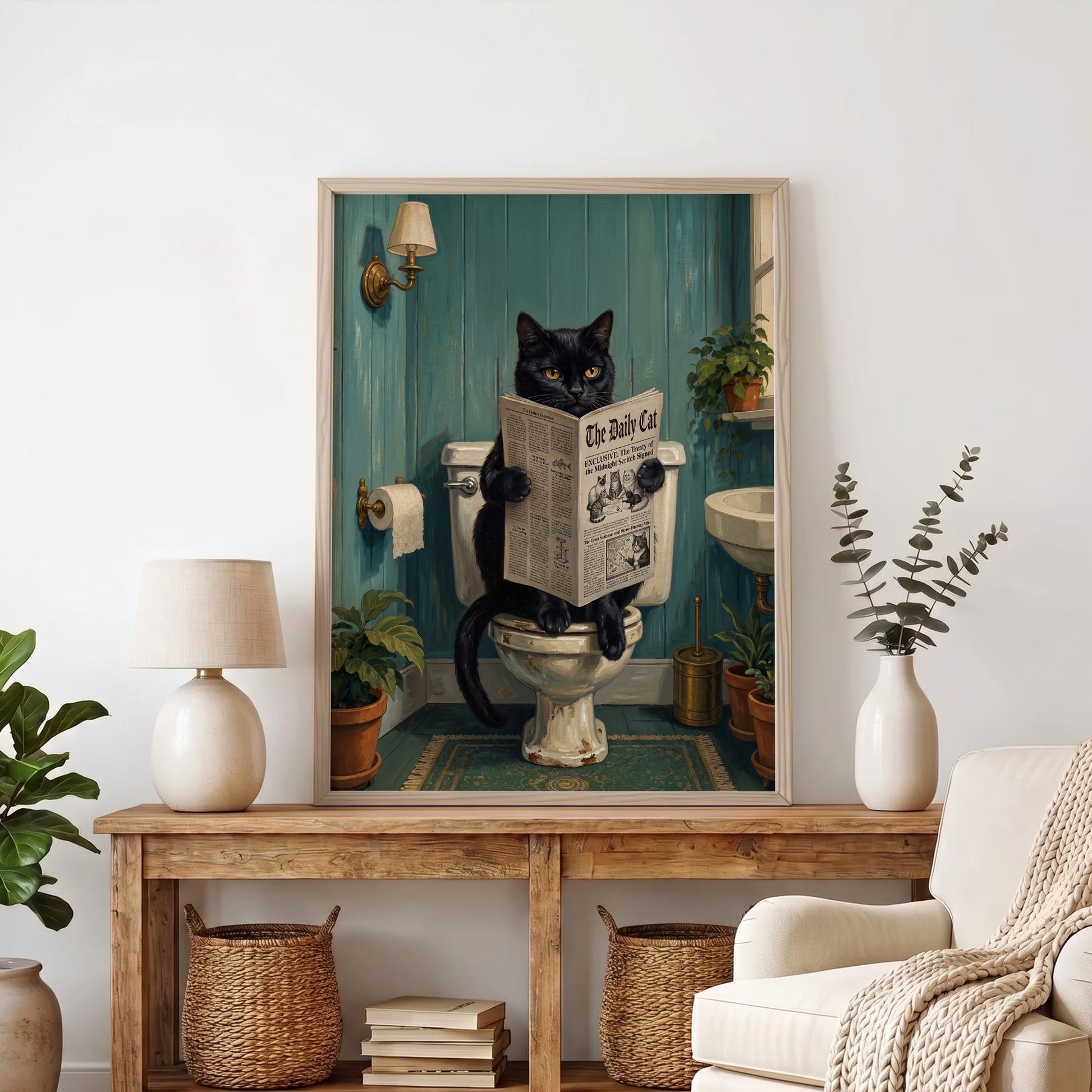Funny Black Cat Reading Newspaper In Toilet - Funny Canvas Wall Art - 1
