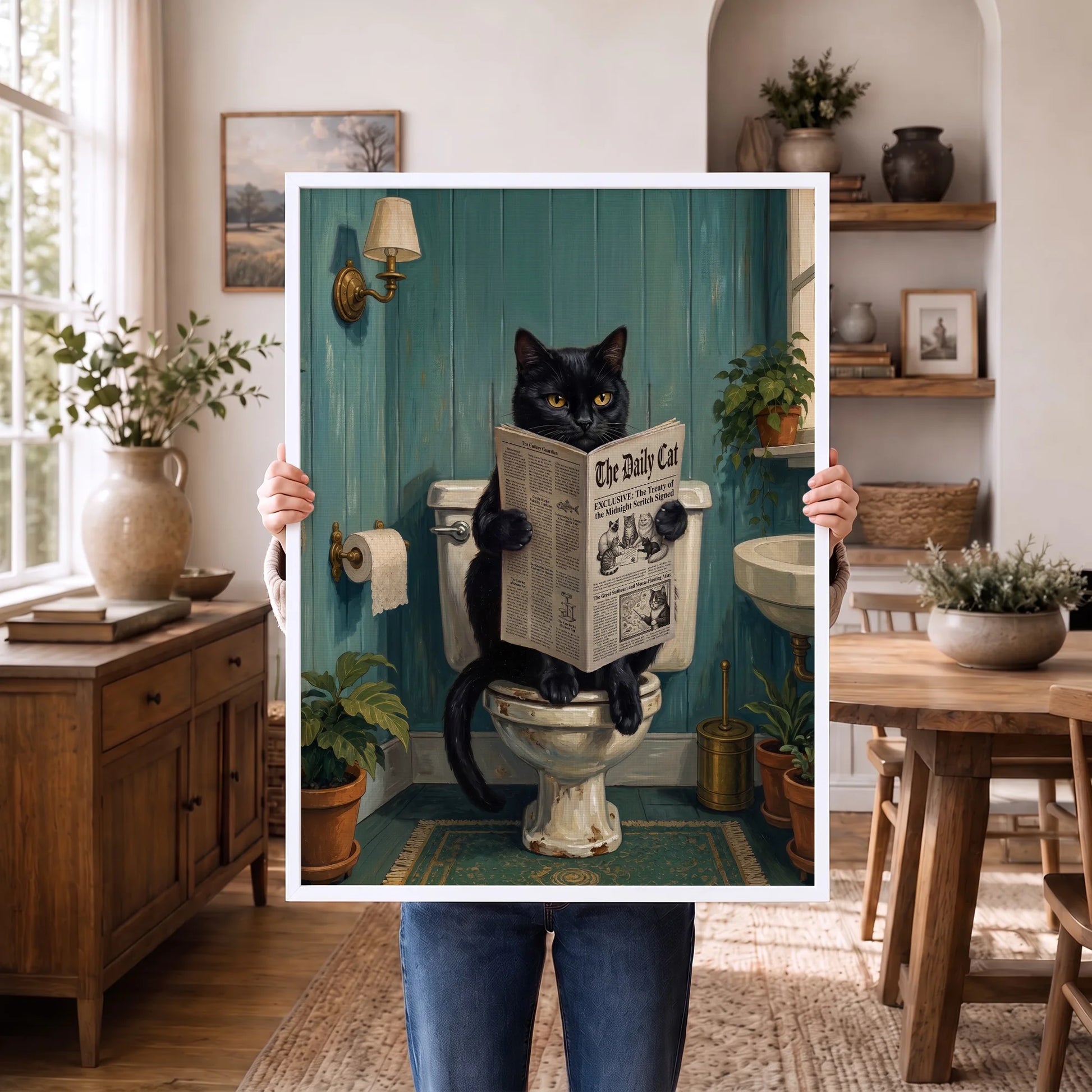 Funny Black Cat Reading Newspaper In Toilet - Funny Canvas Wall Art - 10
