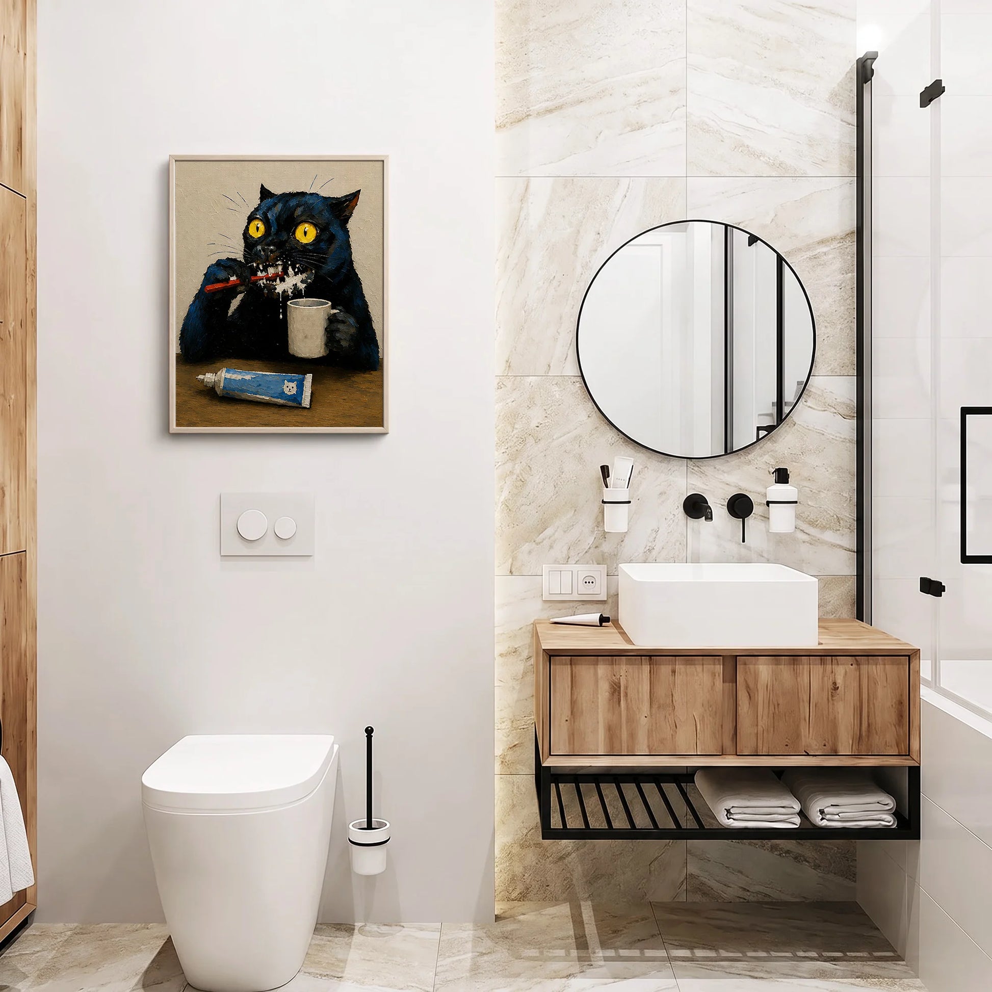 Quirky Black Cat Brushing Teeth Painting Humorous Bathroom Print Art  - Funny Canvas Wall Art - Bathroom Nature Frame 6