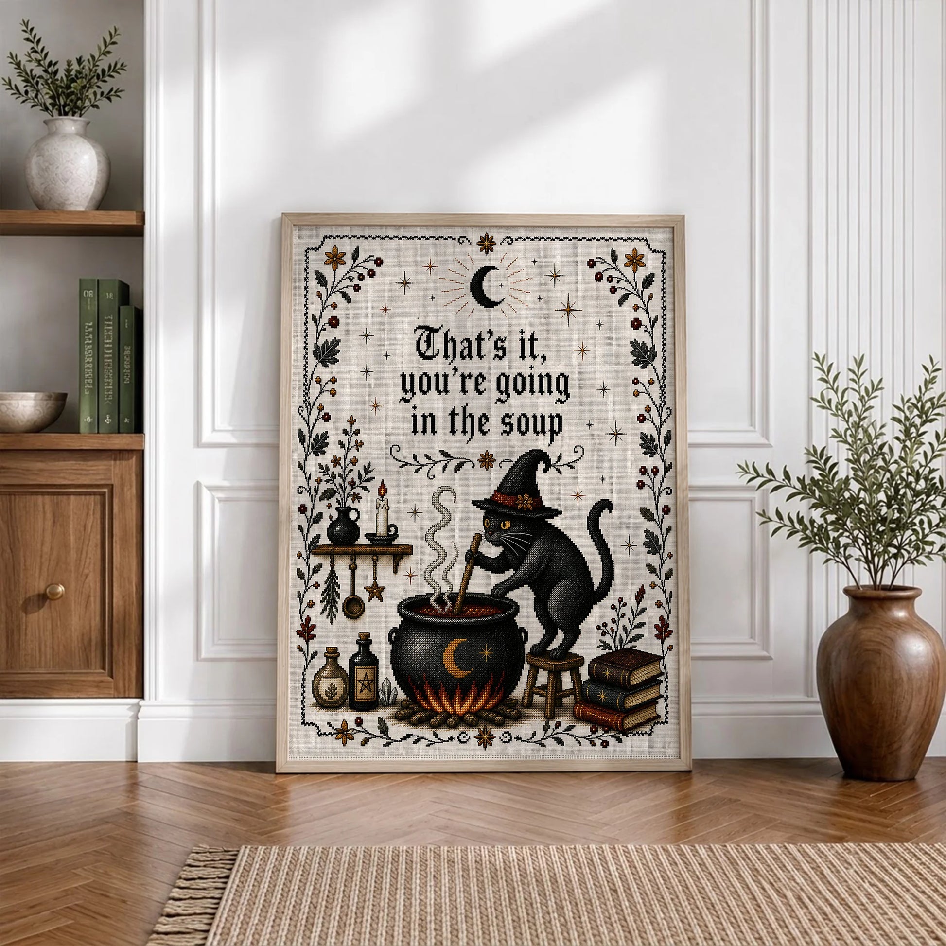 That's It You're Going in the Soup Funny Black Cat Witch - Funny Canvas Wall Art - Natural Frame 5